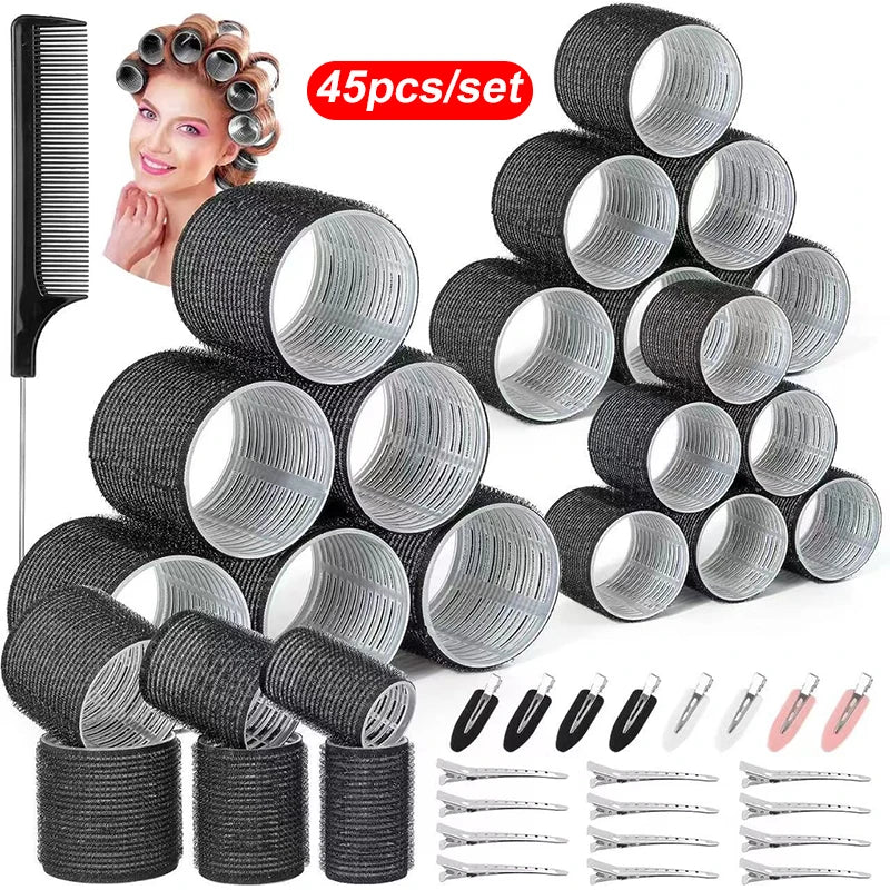 45pcs/set Black Self-Grip Hair Rollers With Clips - True Colour Beauty