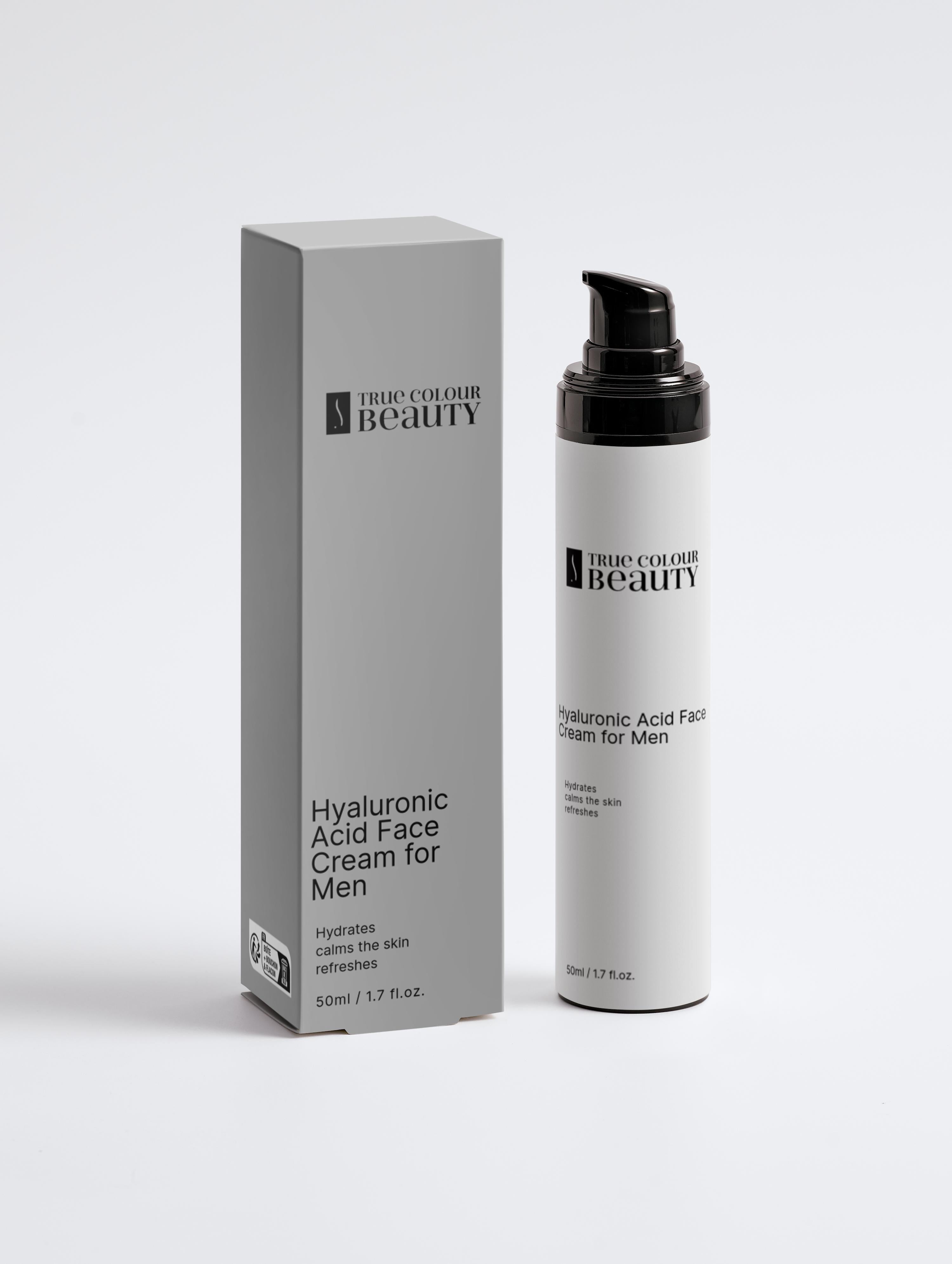 Hyaluronic Acid Face Cream for Men (50ml) in a white bottle with a black lid, accompanied by a branded box, designed for hydration and soothing.