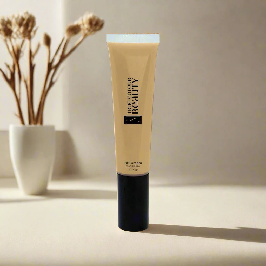 BB Cream - Buttercream tube with black cap, offering skin hydration and medium coverage, displayed alongside packaging, embodying True Colour Beauty's eco-conscious skincare ethos.