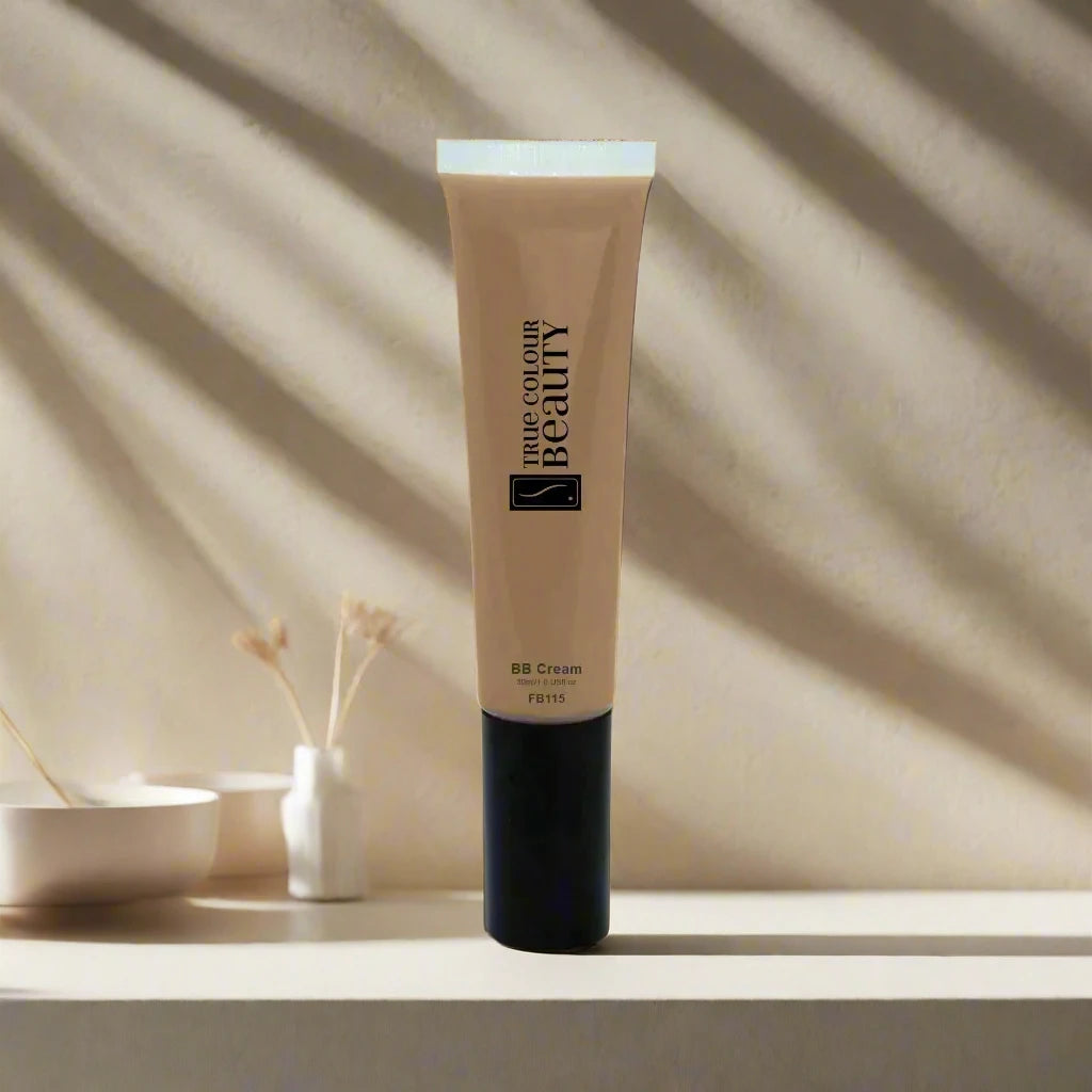 BB Cream - Birch on a shelf, featuring a cream tube with a black cap, offering medium coverage and skin protection in eco-friendly packaging.