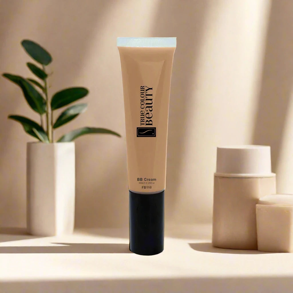 BB Cream - Sienna in a recyclable tube with black cap, positioned on a white surface, showcasing its multifunctional, hydrating formula for skin protection and medium coverage.