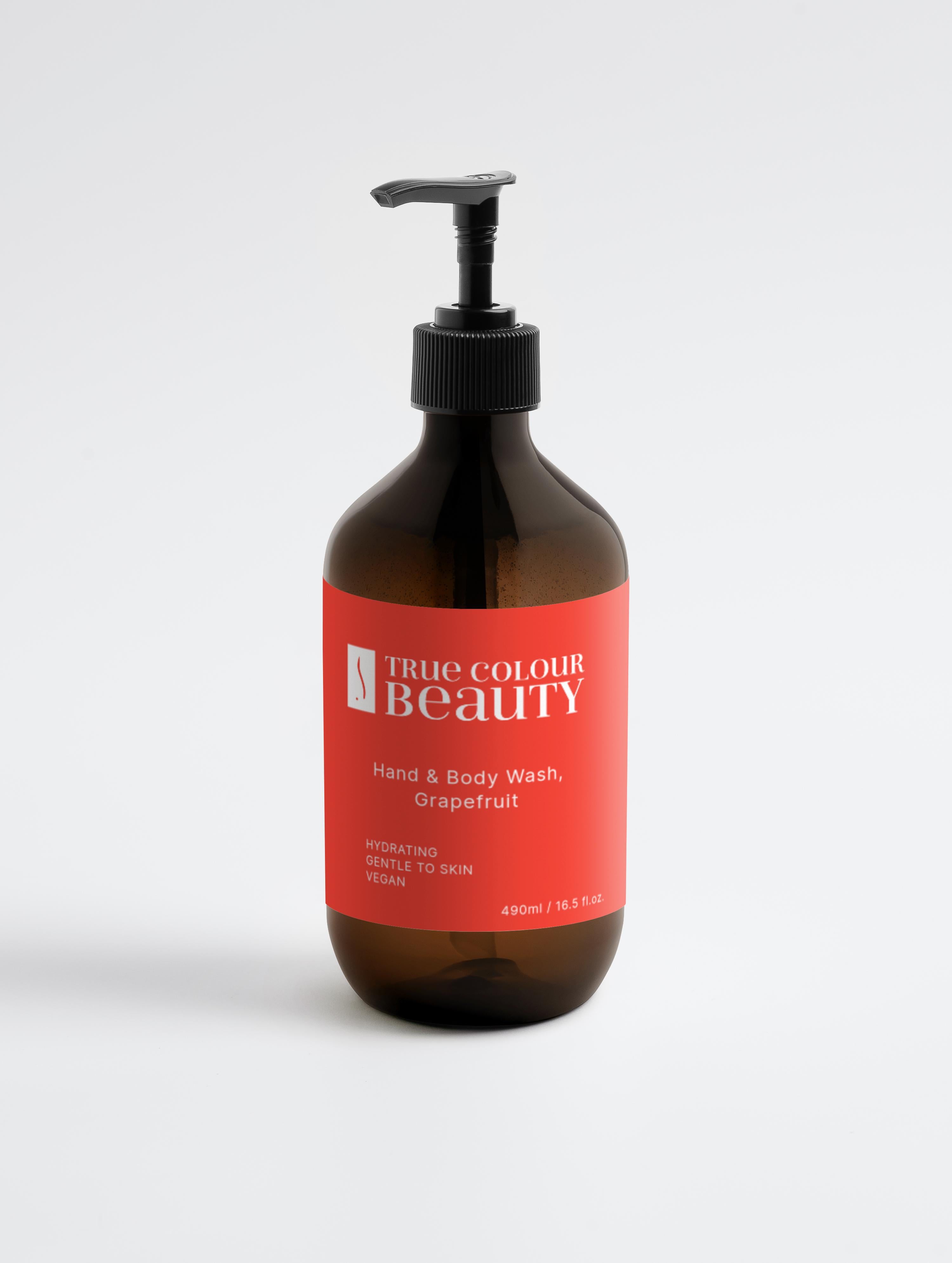 Hand & Body Wash, Grapefruit in a brown bottle with red label, emphasizing its gentle, hydrating formula suitable for all skin types.