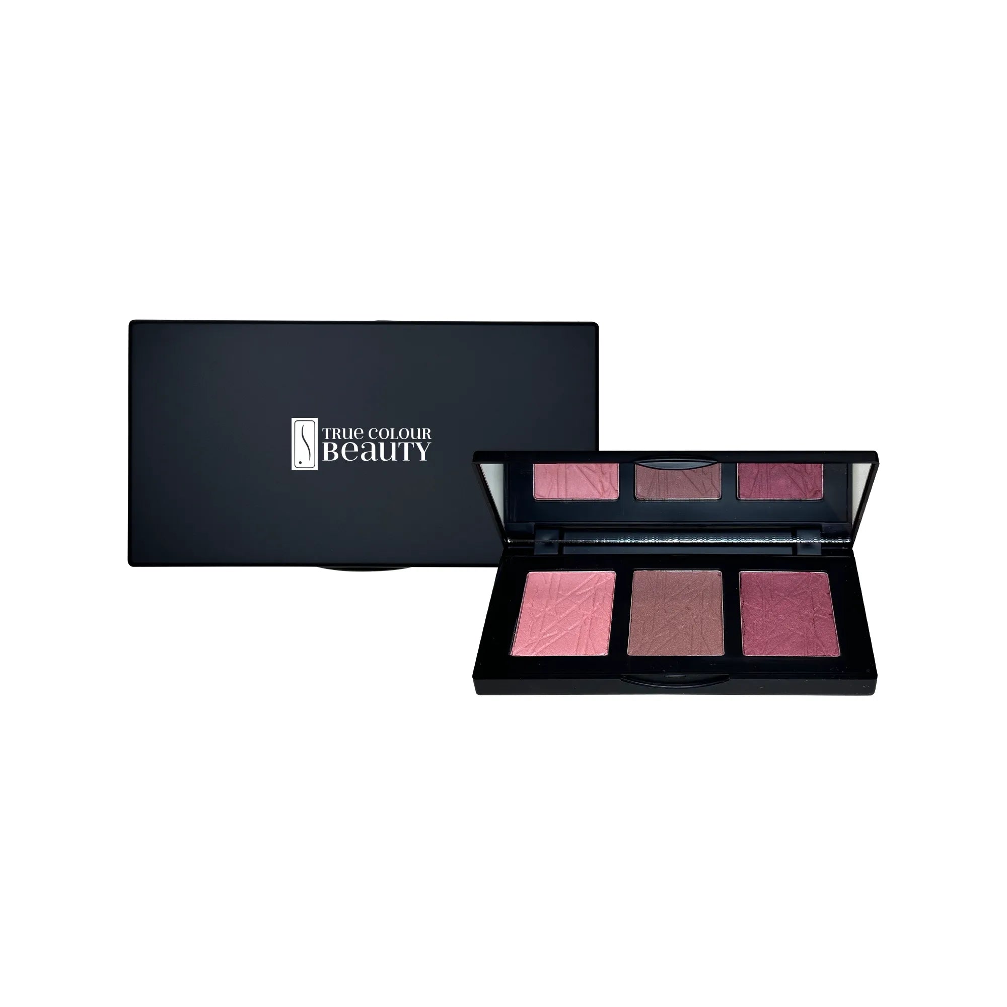 True Colour Blush Trio - Rose Canyon in pink shades, displayed in a sleek black case, showcasing its buildable powder formula for a natural, matte finish.