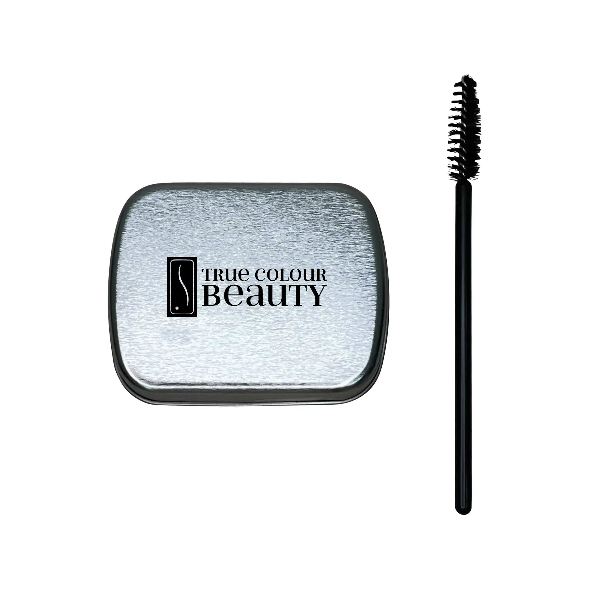 True Essence Brow Soap in silver box with a black brush, offering clear formula with organic olive oil for long-lasting, strong hold.