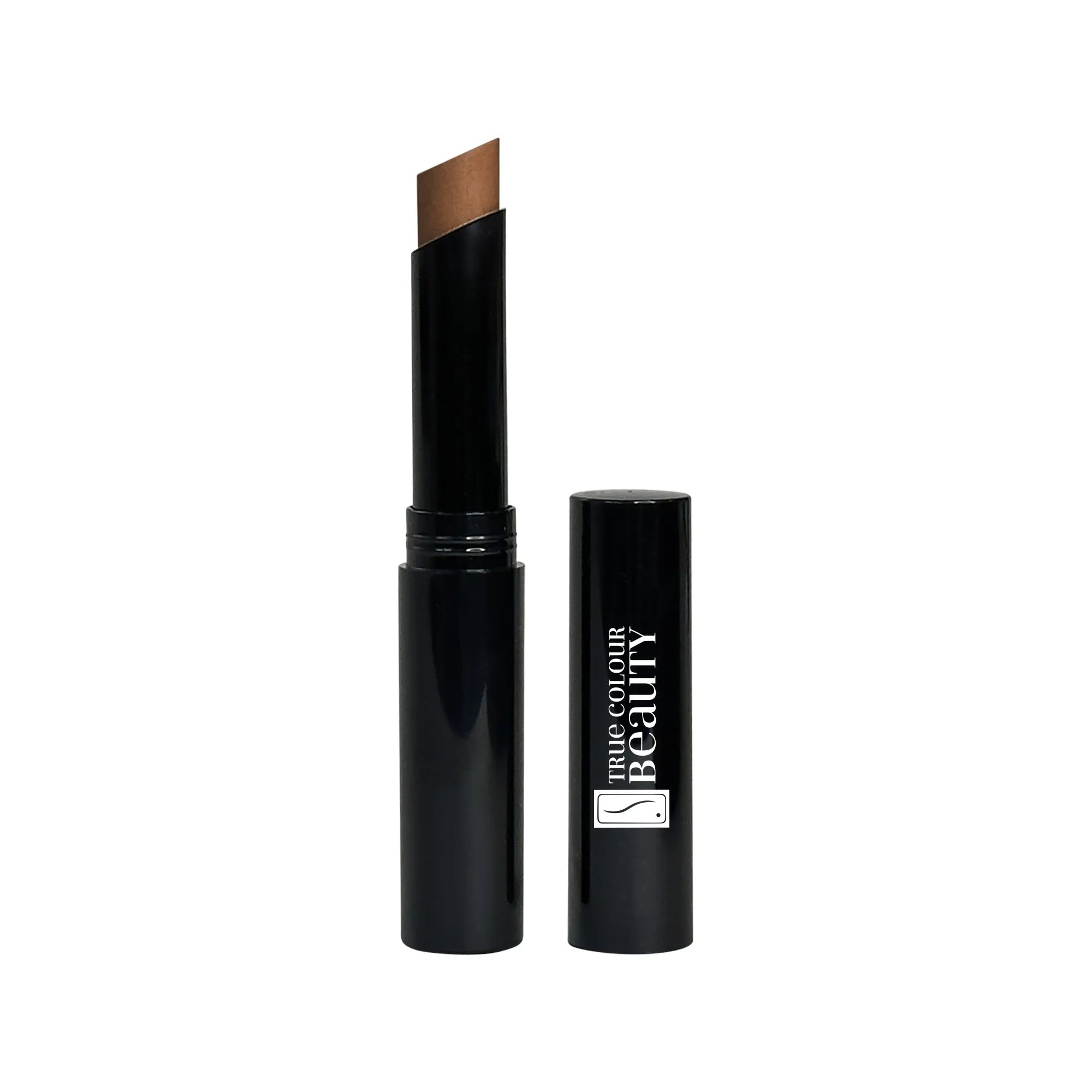 Creme Concealer Stick - Rich Choco in a sleek black tube with white text, ideal for concealing and contouring, offering medium to full coverage in recyclable packaging.