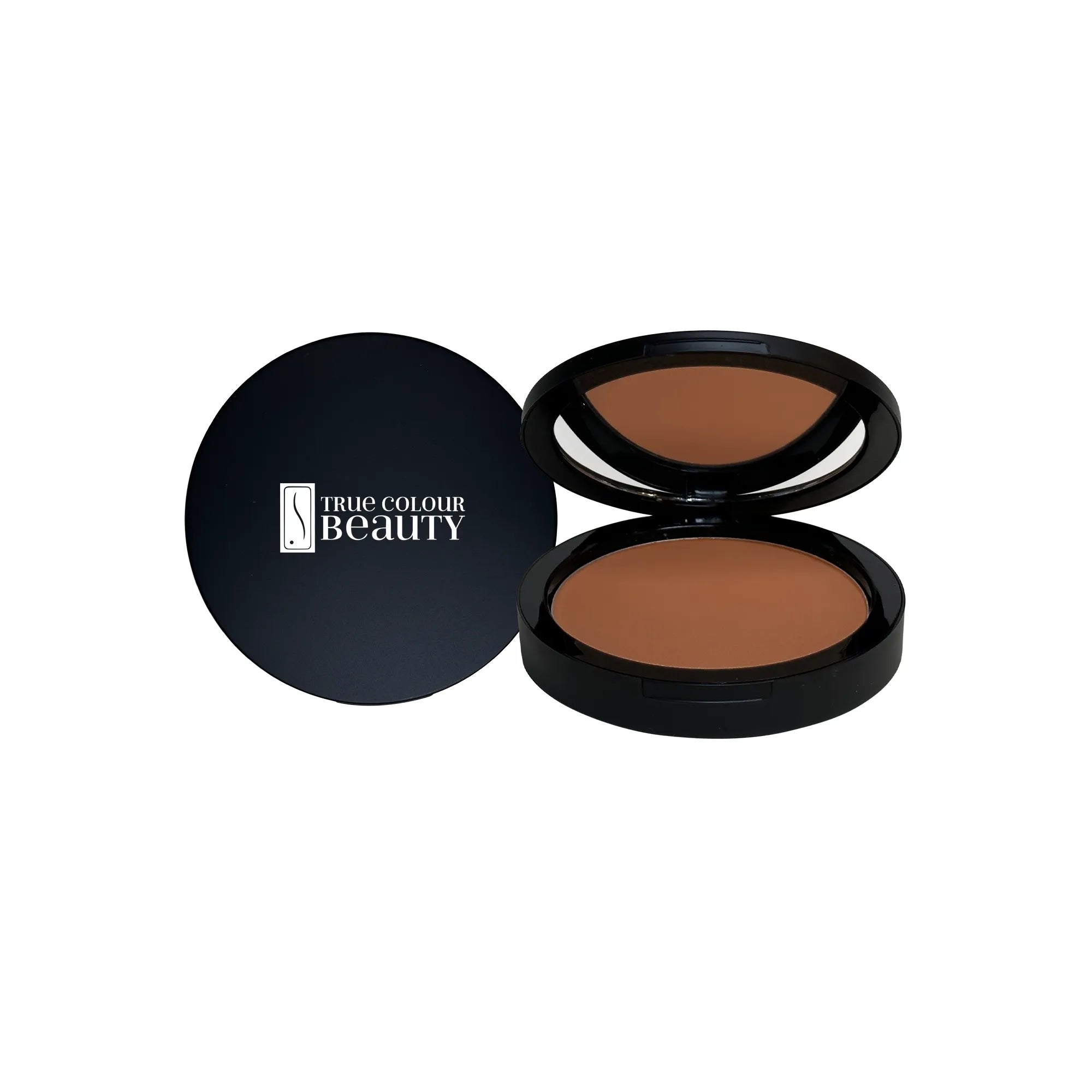 Essence of Earth – Spiced Cedar Dual Blend Powder Foundation in a sleek black compact, perfect for adjustable coverage and on-the-go touch-ups.