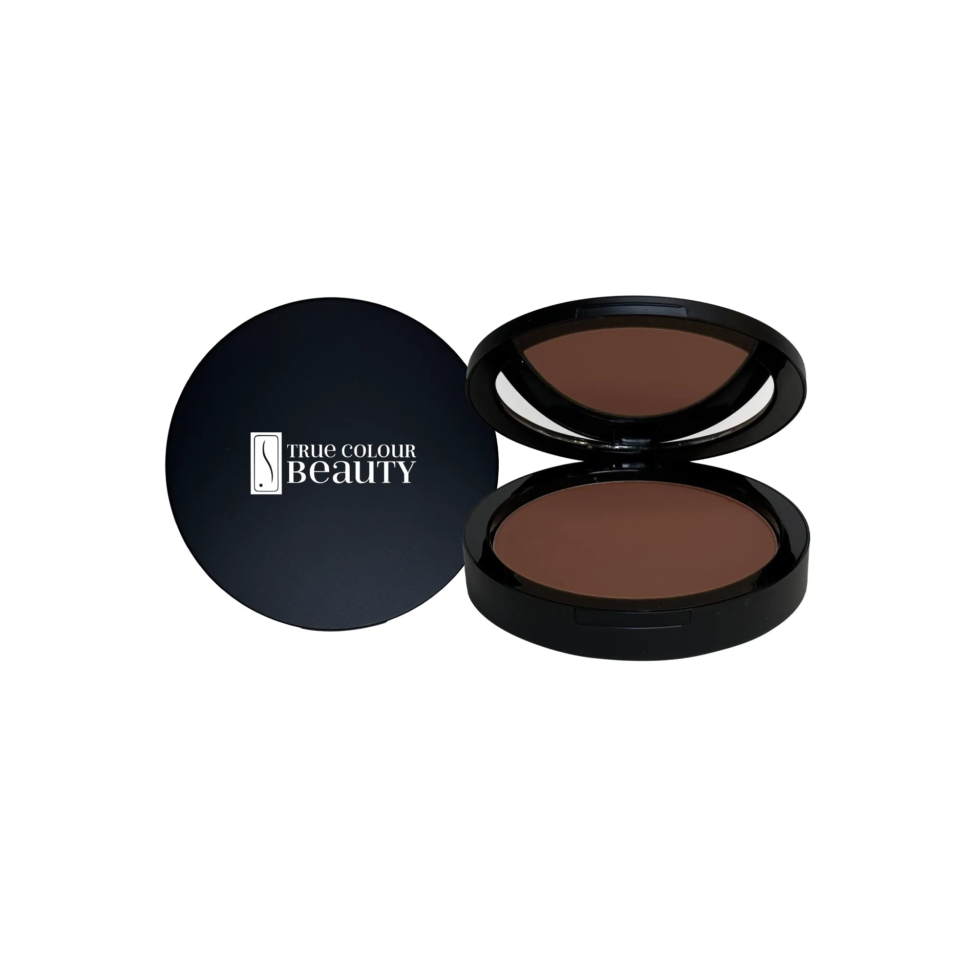 Essence of Earth – Earthy Fig Dual Blend Powder Foundation in a sleek black compact, designed for versatile application and easy portability, perfect for all skin types.