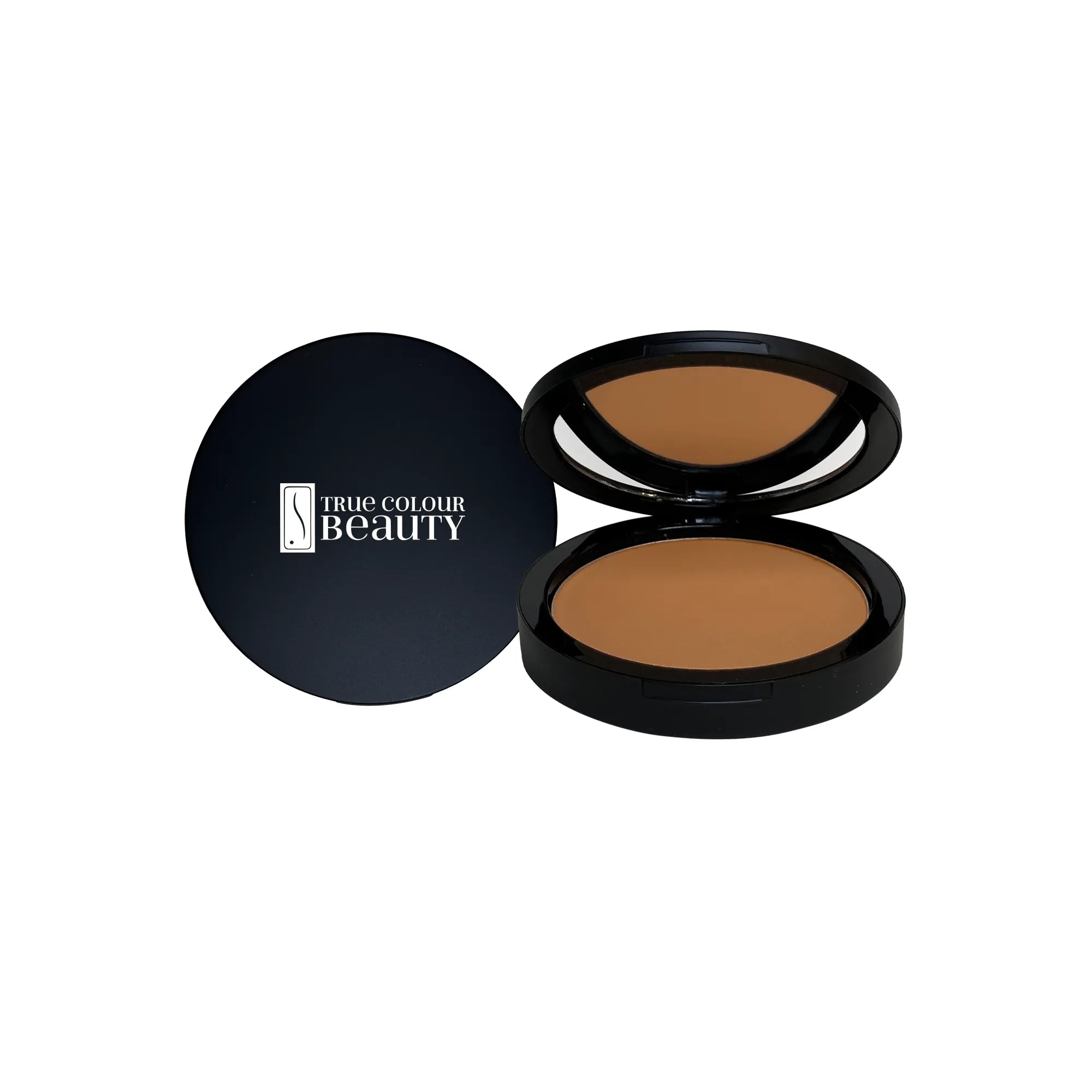 Essence of Earth – Warm Clay Dual Blend Powder Foundation in a sleek black round container, showcasing a versatile, buildable formula for customizable coverage.