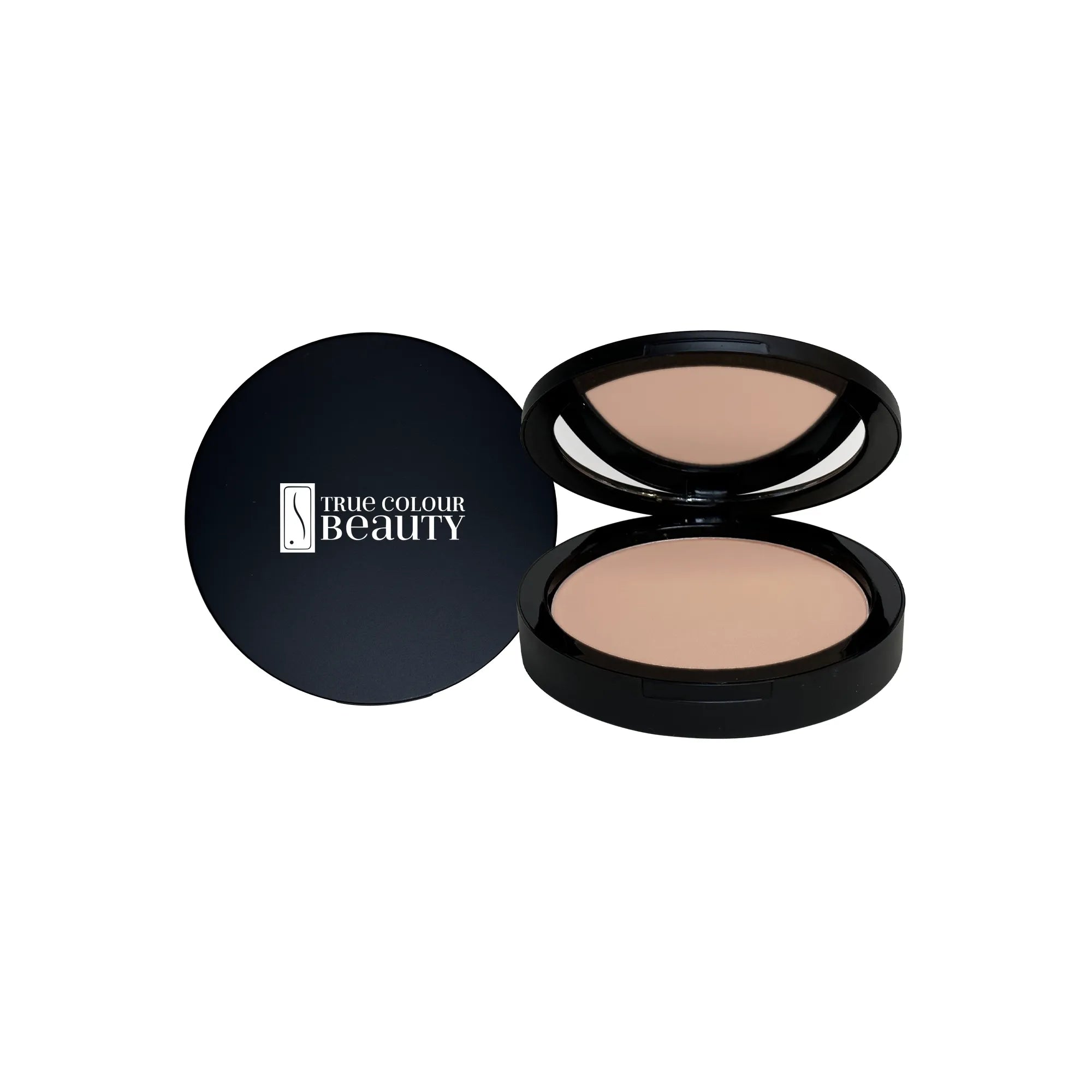 Essence of Earth – Golden Glow Dual Blend Powder Foundation in a black round compact, highlighting its versatile application as both powder and foundation.