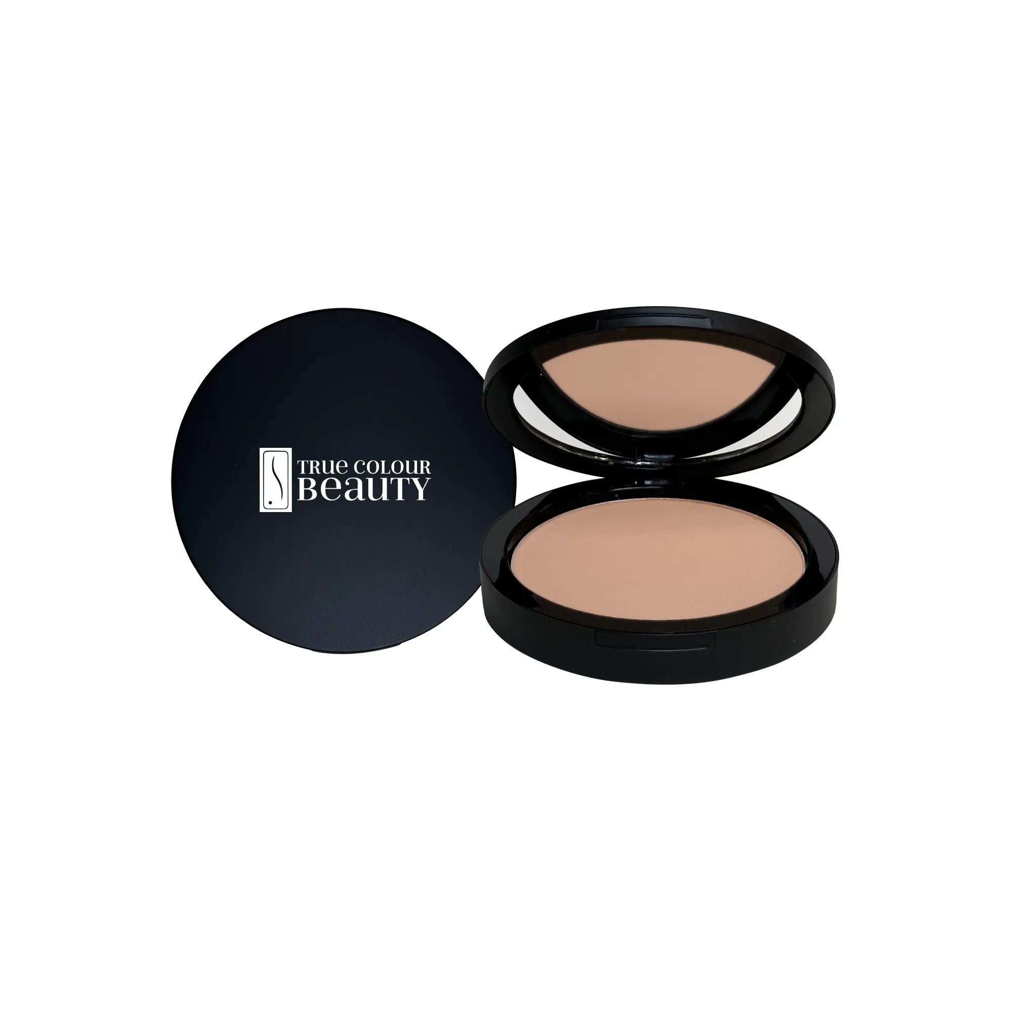 Essence of Earth – Ocean Drift Dual Blend Powder Foundation in a sleek black compact, offering versatile coverage and a matte finish for all skin types.