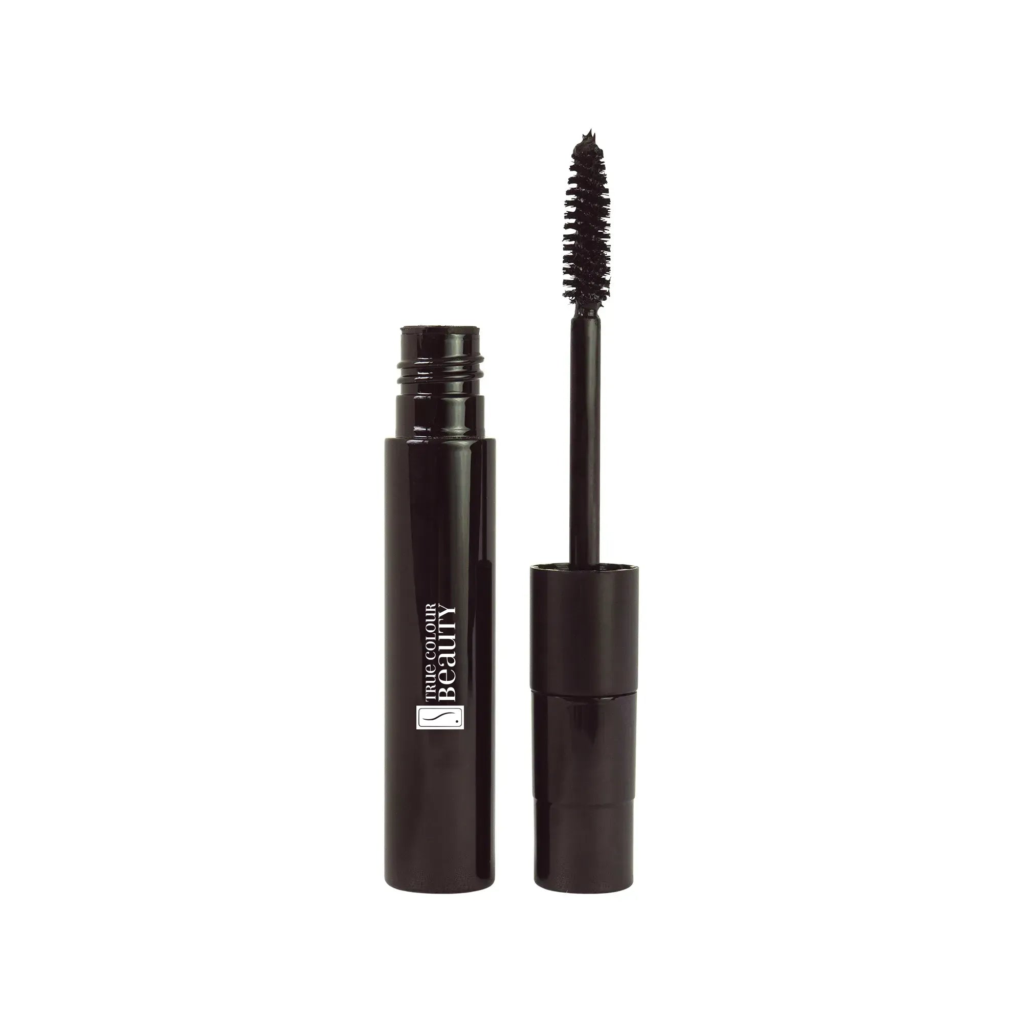 Dual Lash Mascara - Black featuring dual wands for volume and definition, in a sleek black tube, emphasizing long-lasting, smudge-free, vegan, and cruelty-free benefits.