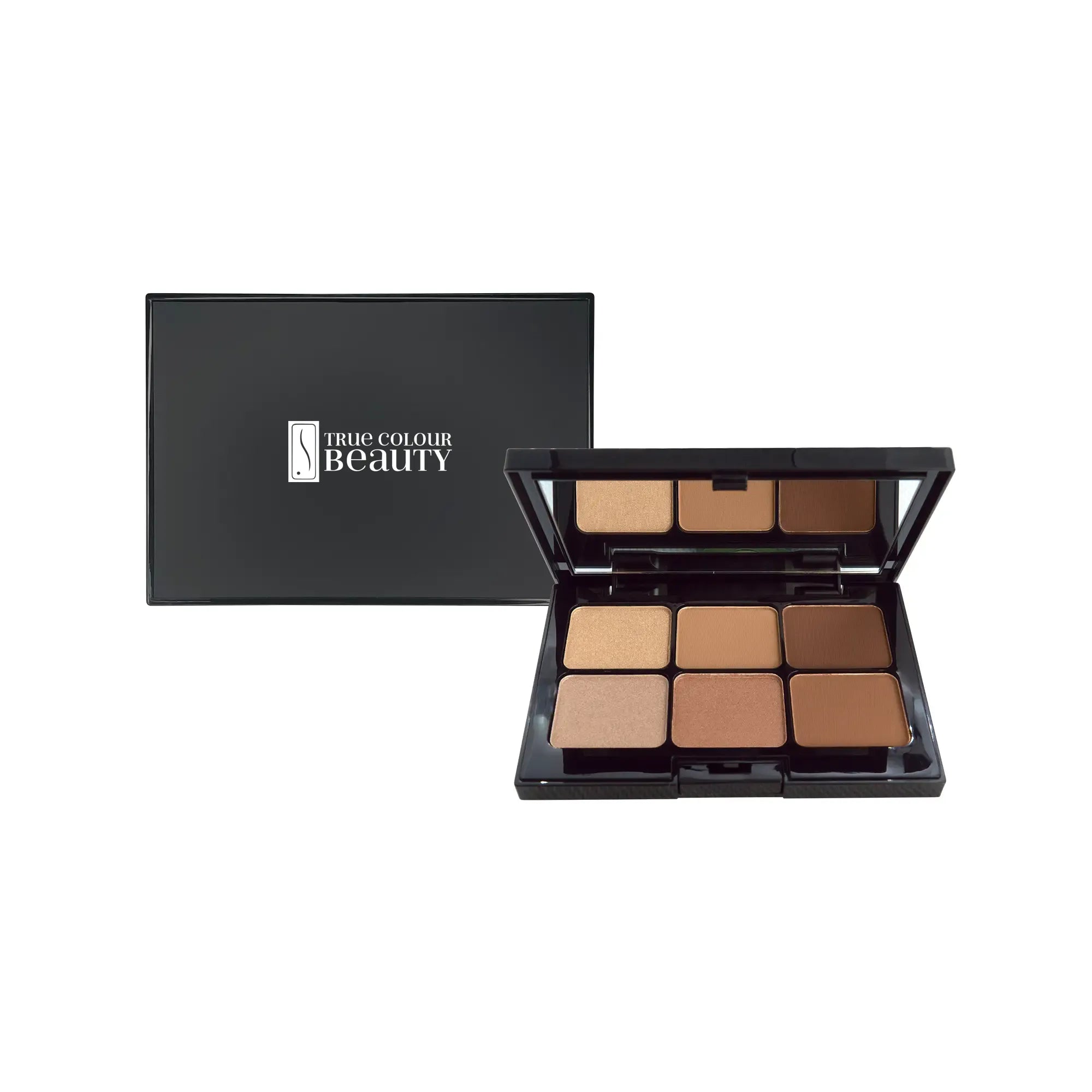 True Colour Pro Eyeshadow Palette - Warm Winds, featuring a close-up of the makeup box and palette with rich, medium brown shades for sultry eye looks.