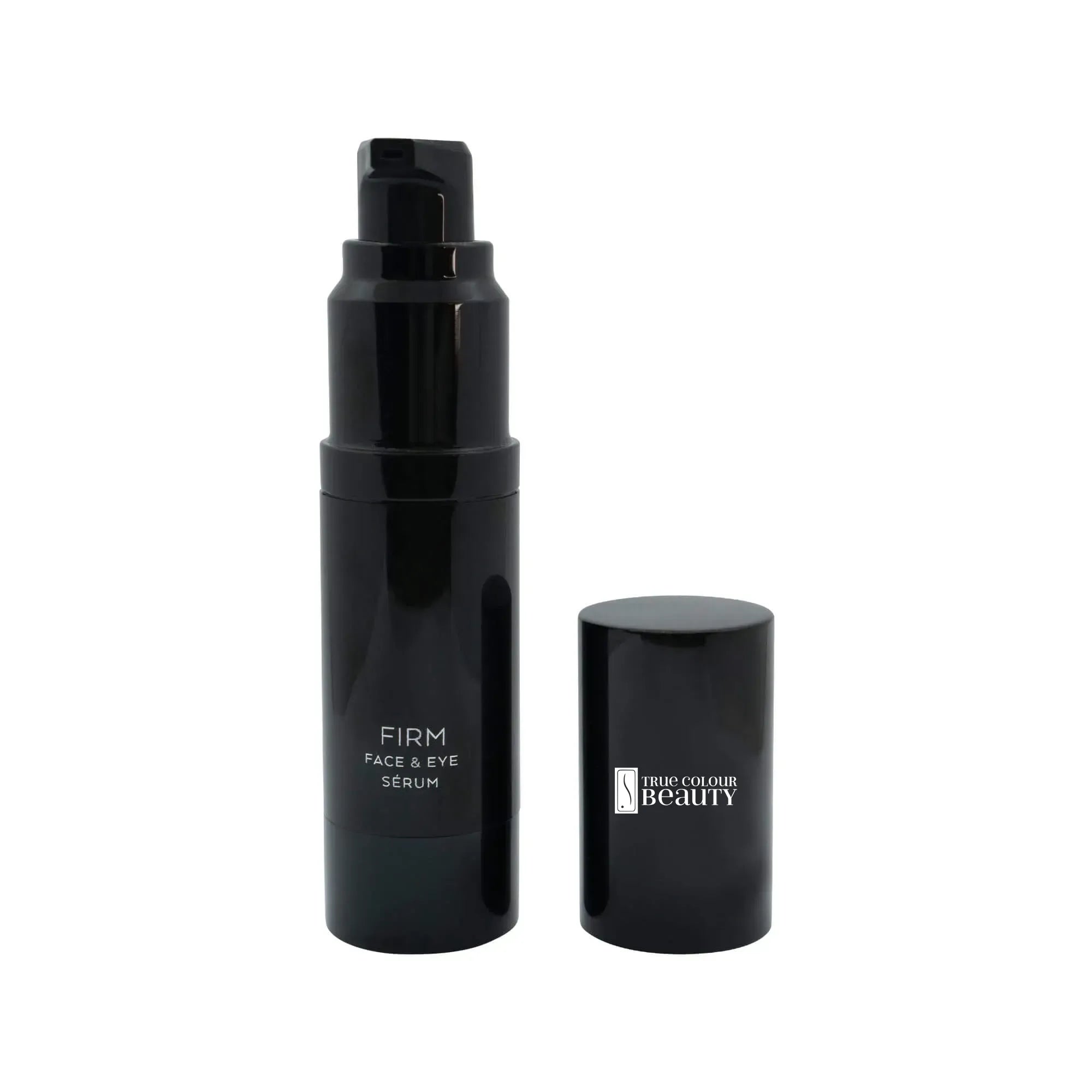 Firm Face & Eye Serum in a sleek black bottle, designed to reduce puffiness and fine lines, featuring eco-conscious, cruelty-free ingredients for rejuvenated skin.