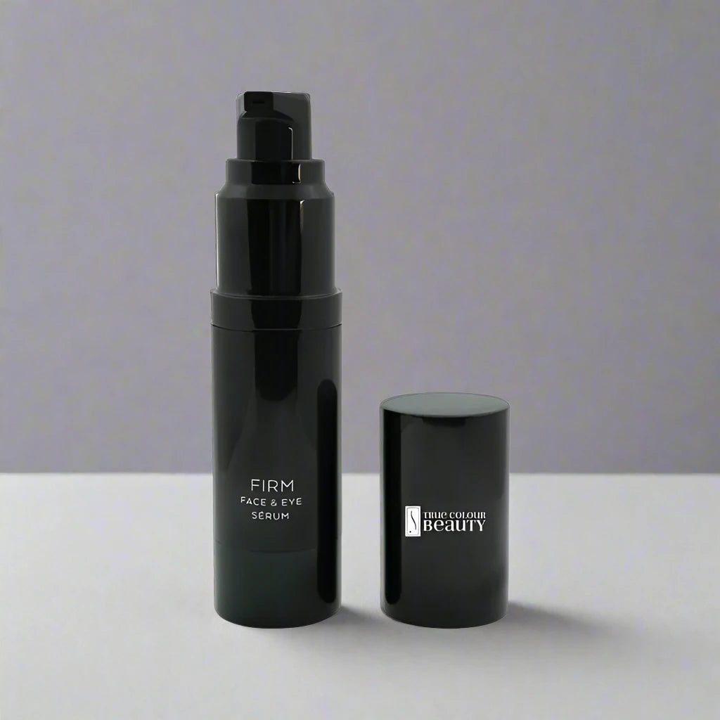 Firm Face & Eye Serum in a sleek black bottle with cap, designed to target fine lines and dark circles with eco-friendly, natural ingredients.