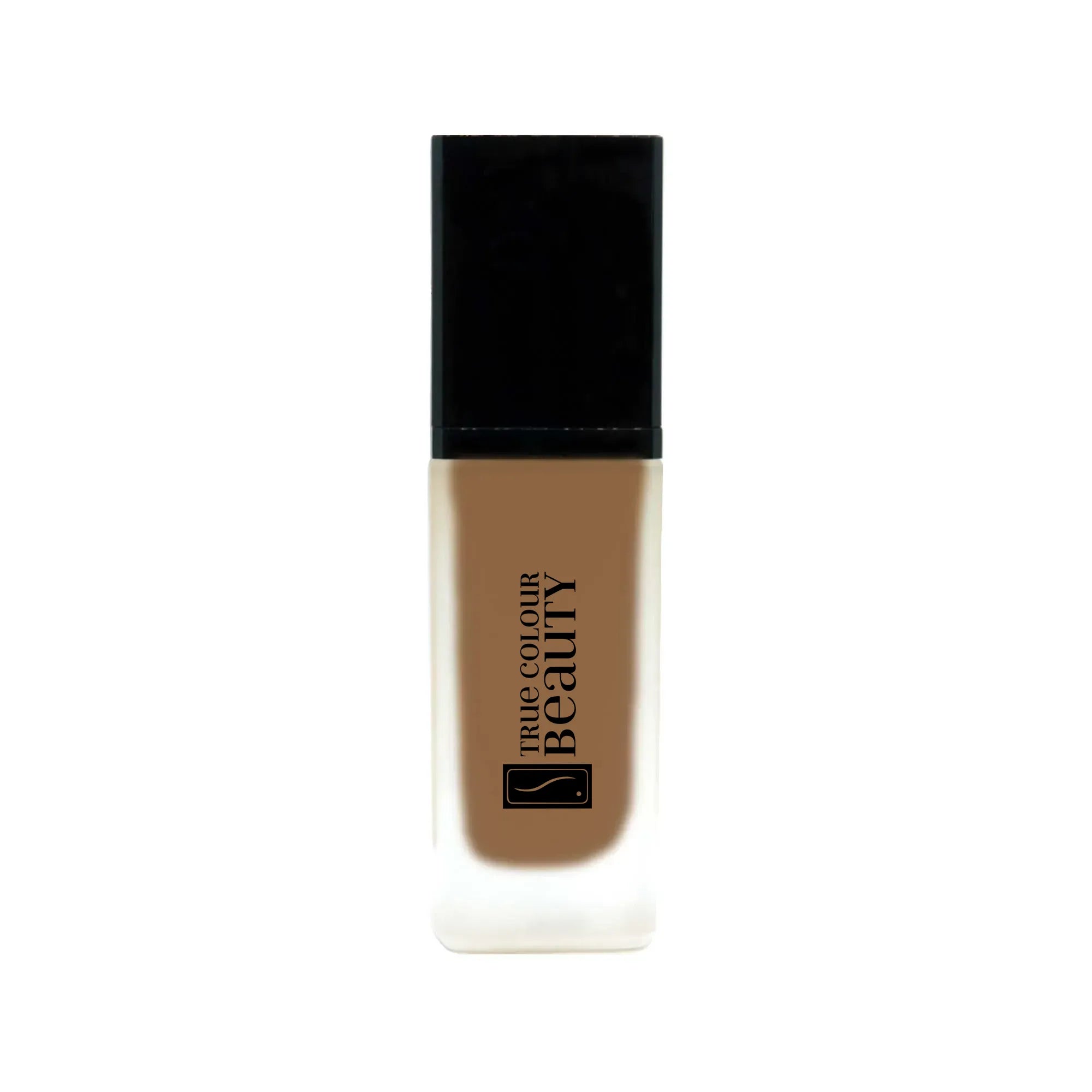 Close-up of Earthbound Liquid Foundation – Chestnut Bark bottle, emphasizing eco-friendly packaging and seamless blend for natural, buildable coverage.