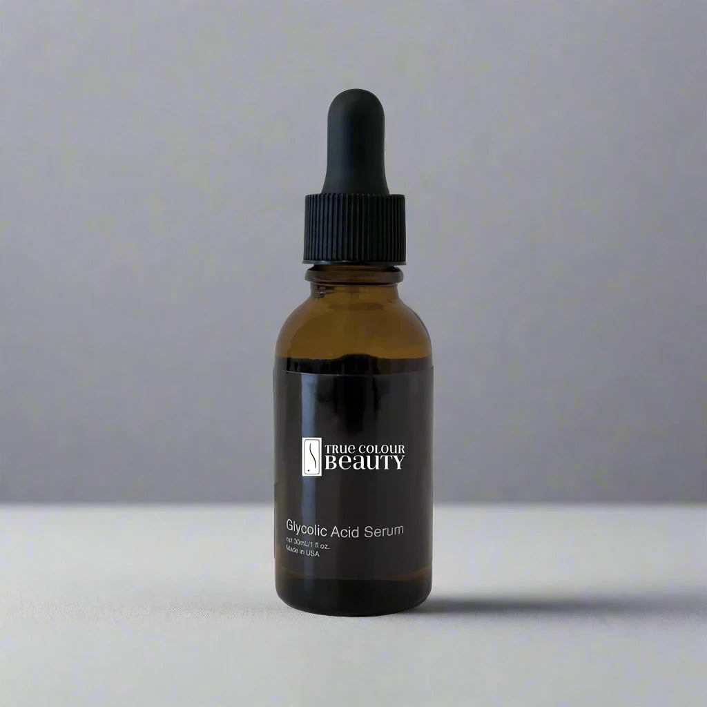 Glycolic Acid Serum in a brown bottle with dropper, designed to exfoliate and hydrate skin, reflecting True Colour Beauty's commitment to cruelty-free skincare.