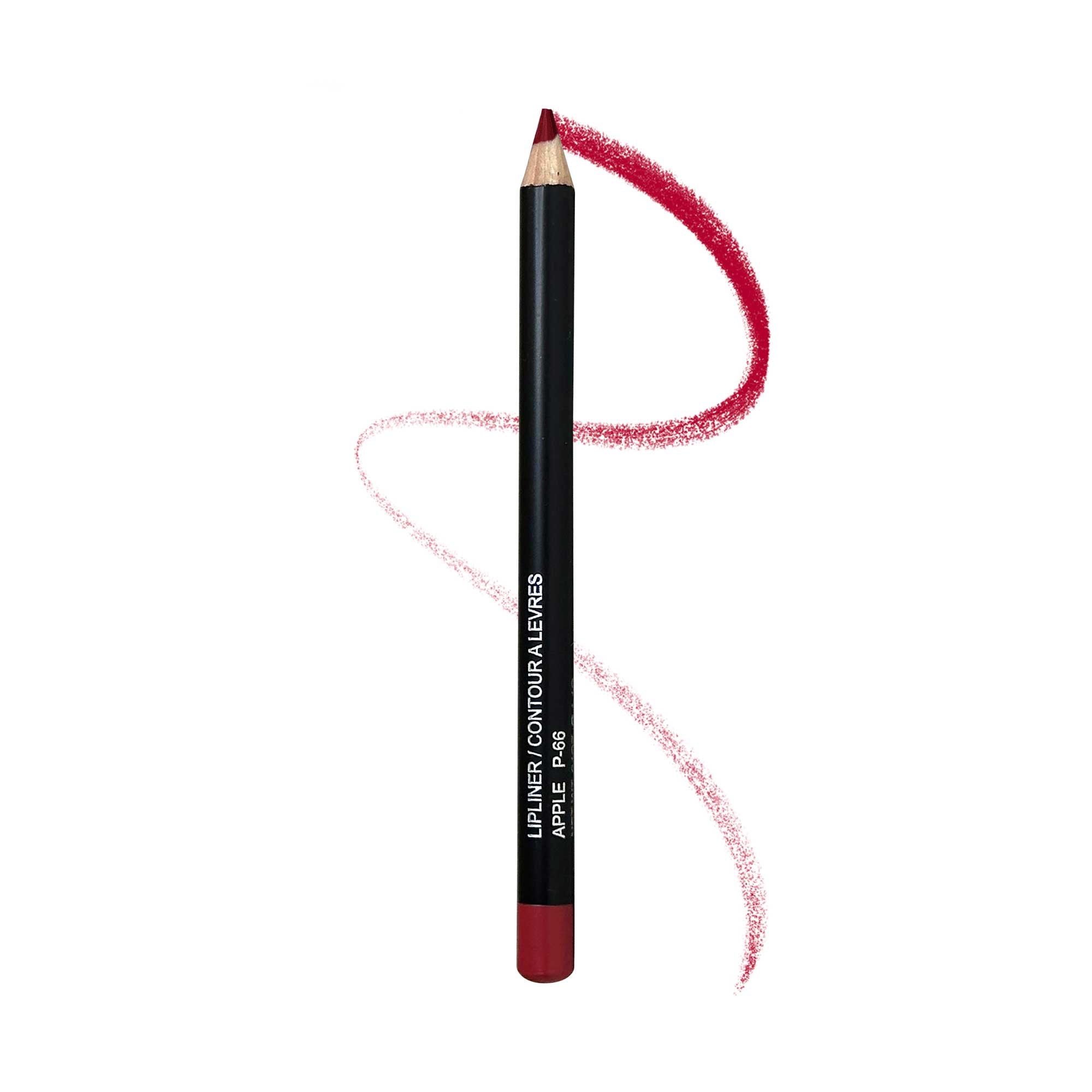 Lip Liner - Apple: A close-up of a sleek, black cylindrical lip liner, highlighted for its smudge-free, long-lasting, and creamy texture.