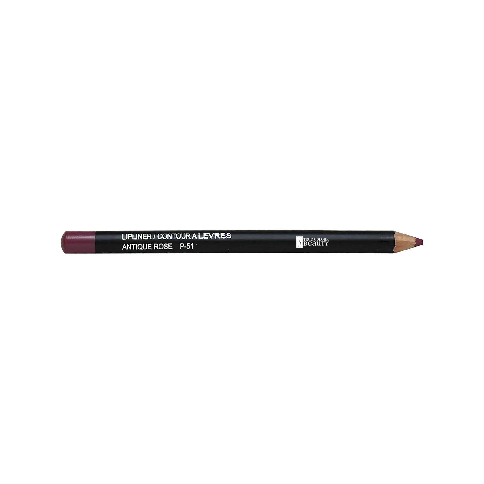 Lip Liner - Antique Rose: Close-up of a black tube with white text, highlighting a no-smudge, long-lasting formula for perfect lip definition.