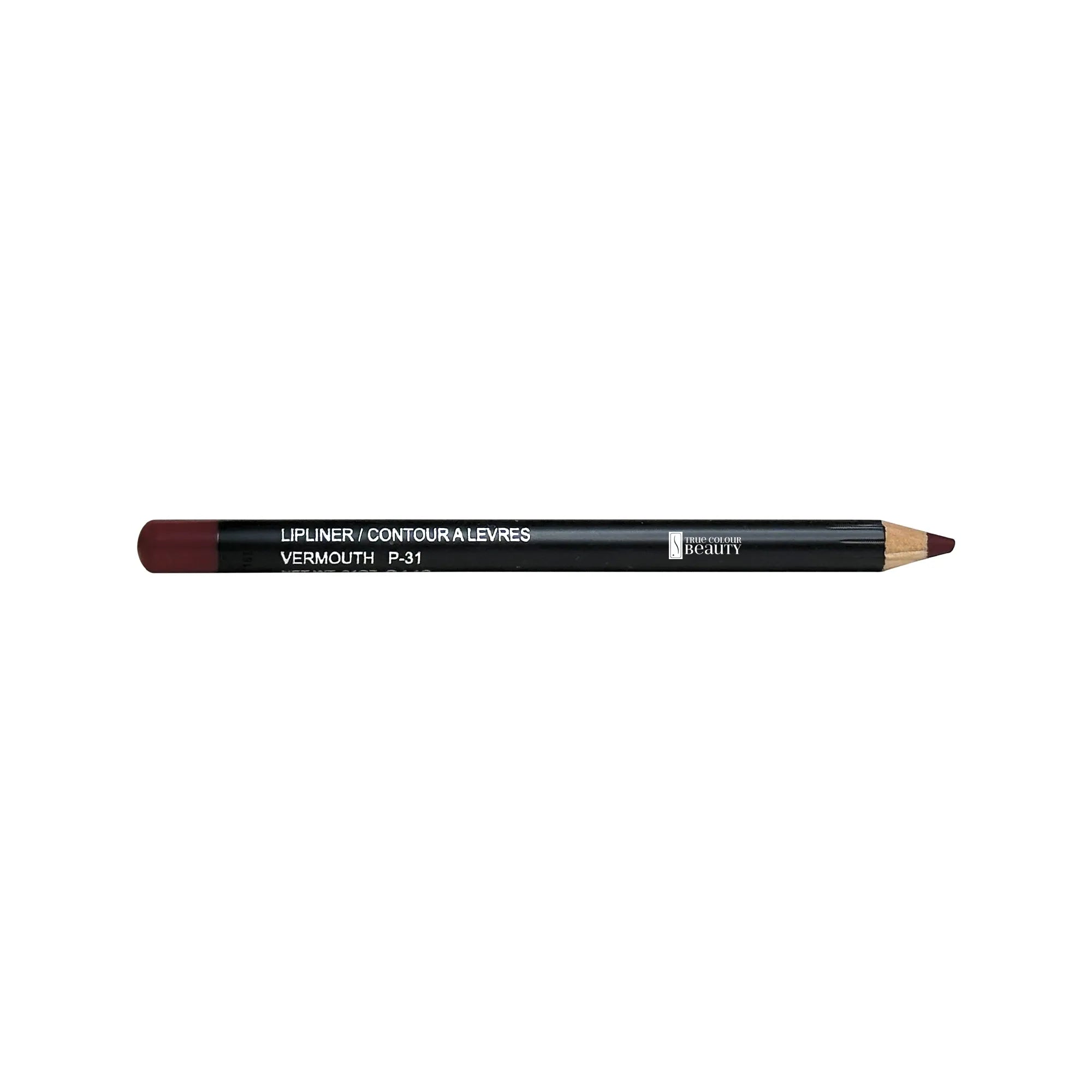 Lip Liner - Crimson Bark close-up, resembling a pencil with a sleek black tube, perfect for precise lip definition and long-lasting wear.