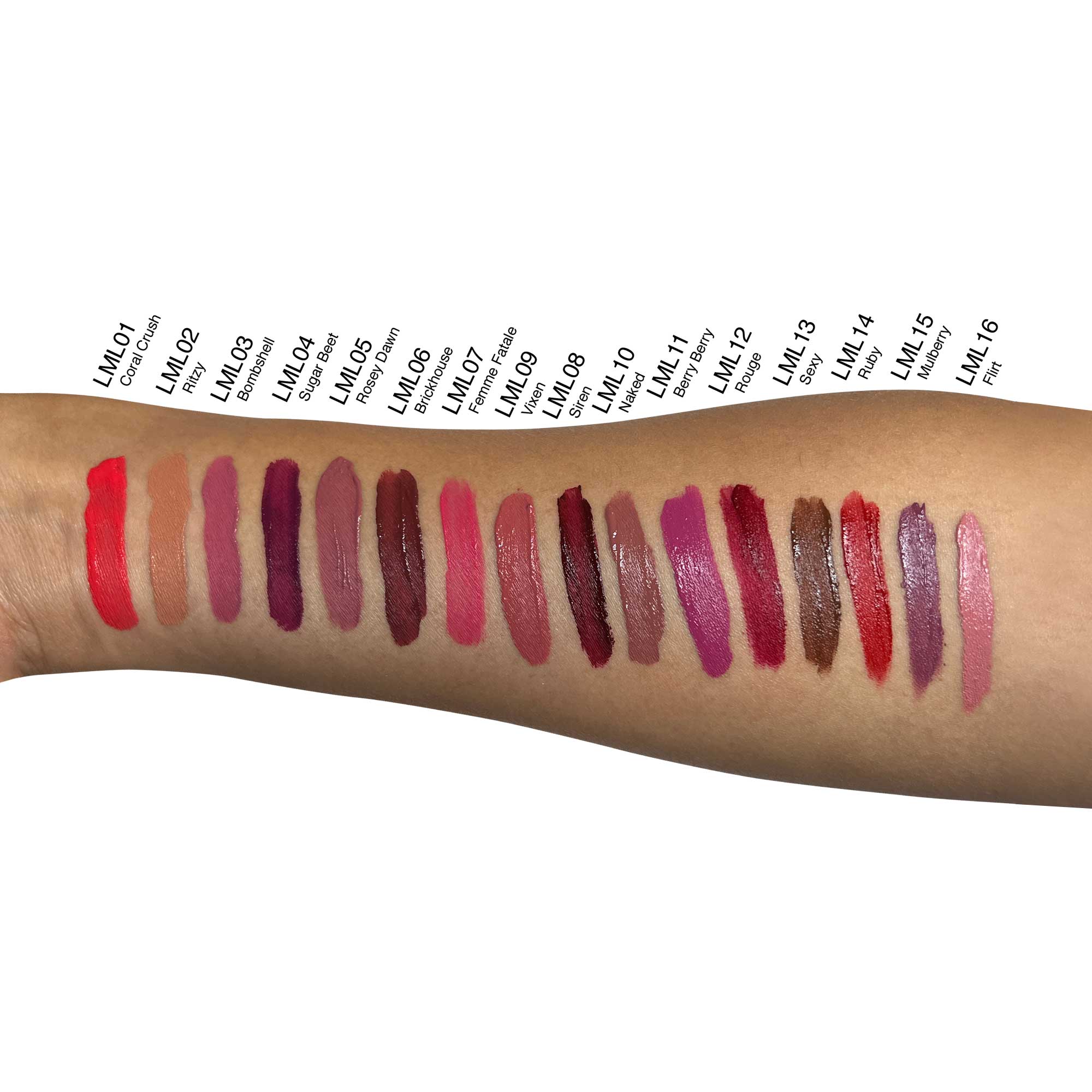 Liquid to Matte Lipstick - Vixen swatched on an arm, showcasing various shades with smooth, matte finish, highlighting its precision applicator and long-lasting, vegan formula.