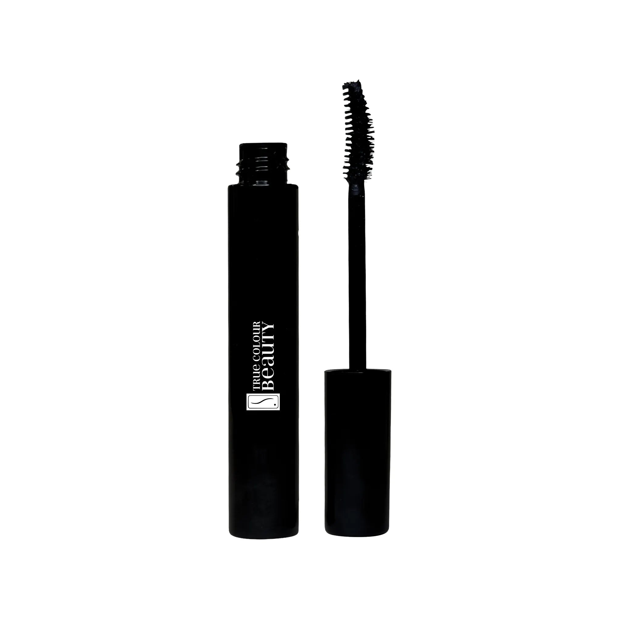 4-in-1 Luxury Mascara - Black with an ergonomically curved brush designed for curling, volumizing, and lengthening lashes, showcased alongside its packaging.