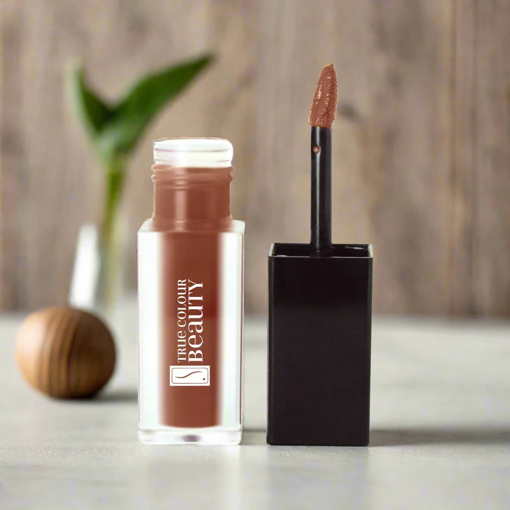 True Colour Beauty Matte Liquid Lip Stain in Cocoa Kiss, showcasing a rich brown shade for a sophisticated lip look.