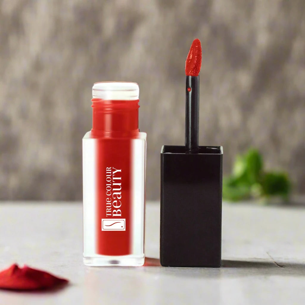 True Colour Beauty Matte Liquid Lip Stain in True Crimson, showcasing a vibrant crimson red shade for a bold and classic lip look