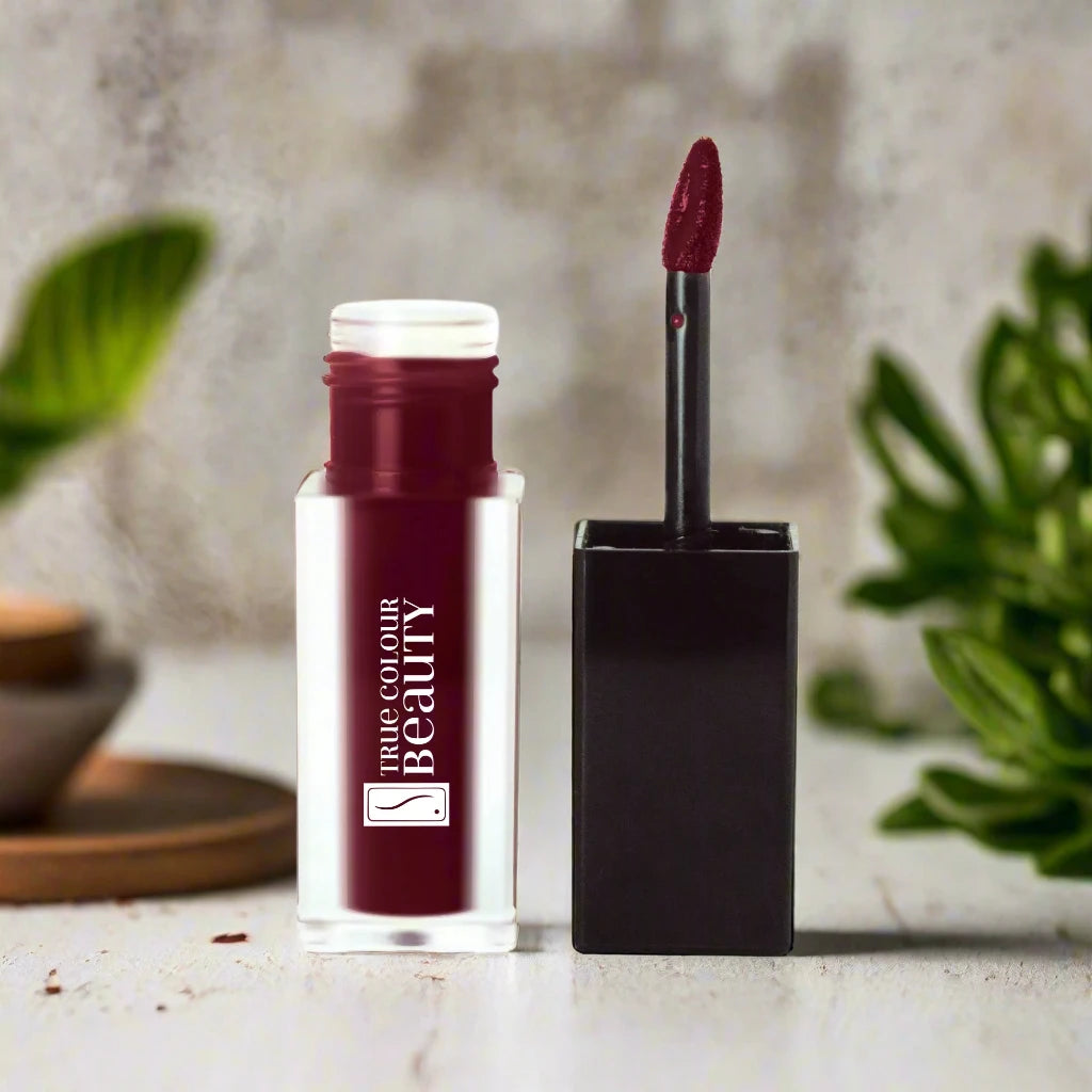 True Colour Beauty Matte Liquid Lip Stain in Deep Red Outlandish, showcasing a bold and vibrant deep red shade for a striking lip look.