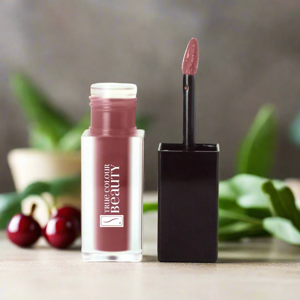 True Colour Beauty Matte Liquid Lip Stain in Dark Cherry, showcasing a deep cherry shade for a bold, long-lasting lip look