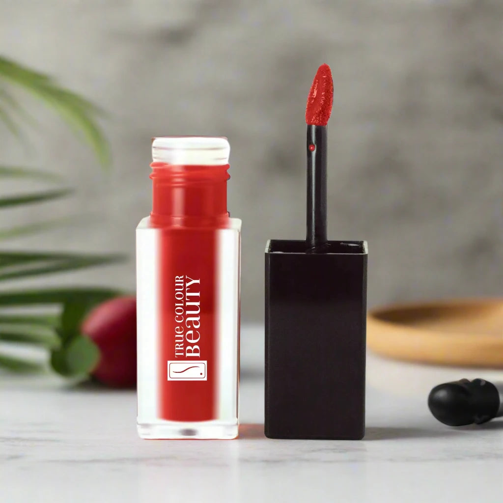 True Colour Beauty Matte Liquid Lip Stain in Velvet Red, showcasing a luxurious deep red shade for a glamorous and bold lip look