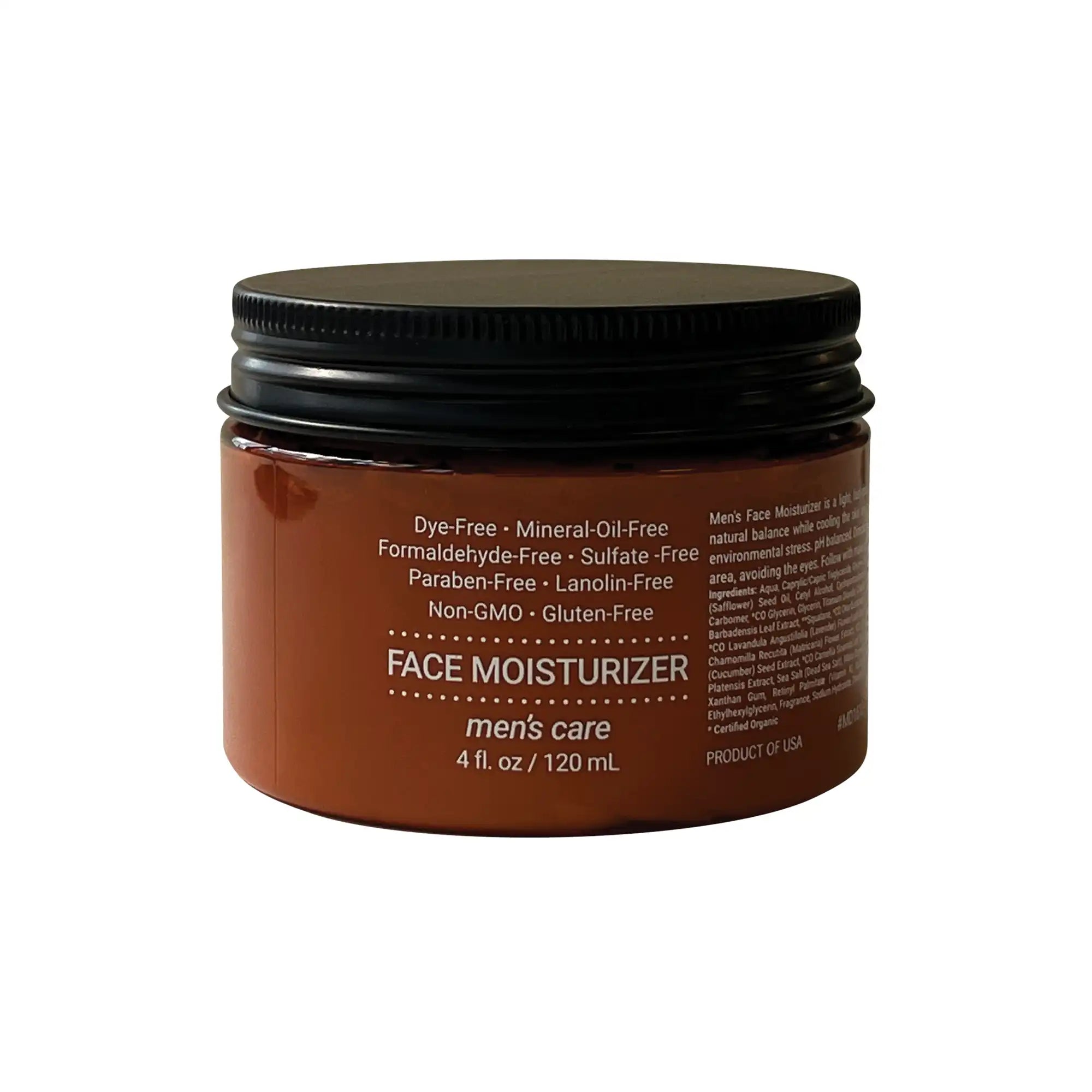 Men's Face Moisturizer in a brown container with black lid, featuring hydrating, non-greasy formula to soften skin and smooth fine lines. Vegan and organic.