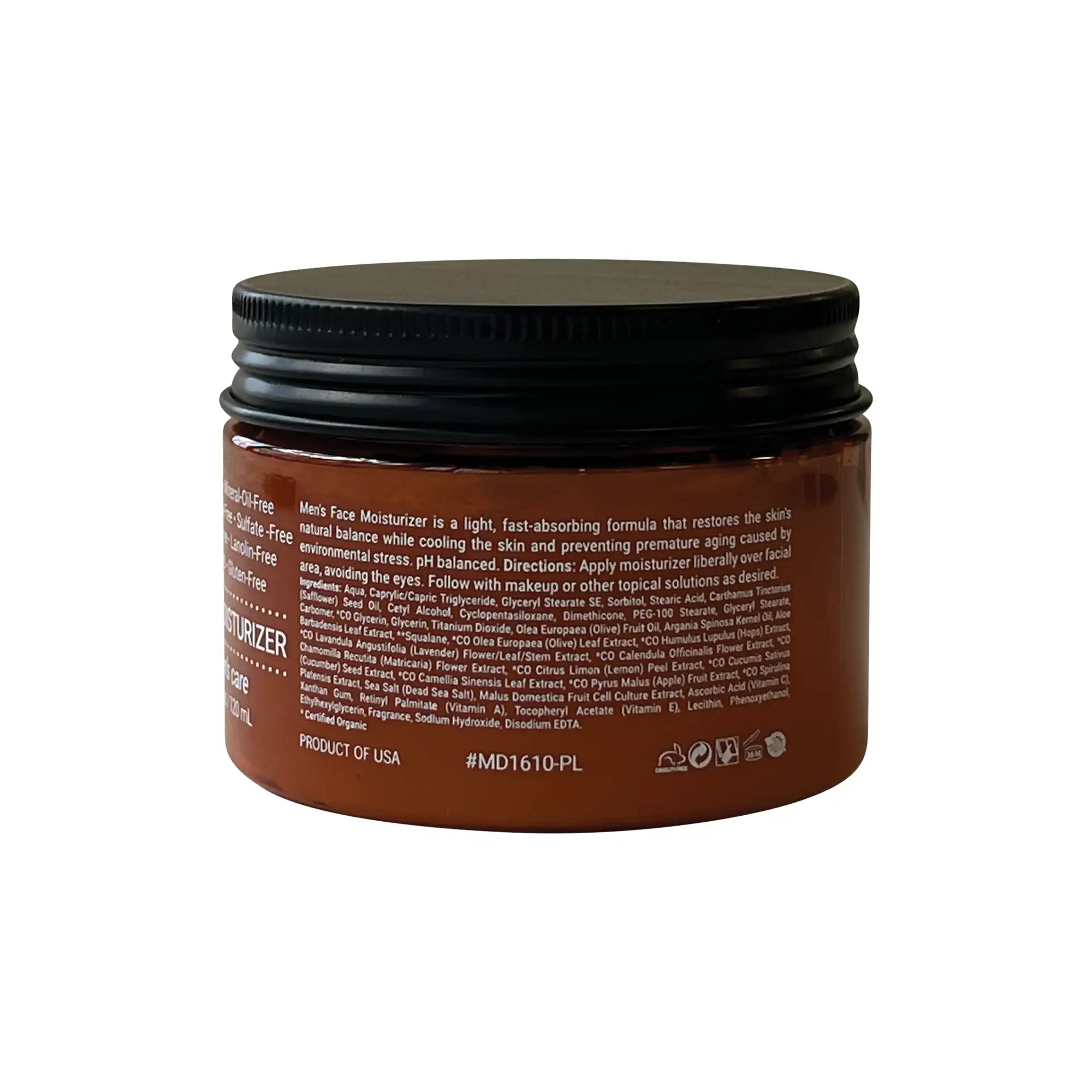 Men's Face Moisturizer in a brown container with black lid, ideal for hydrating skin and smoothing fine lines with organic, non-greasy ingredients.