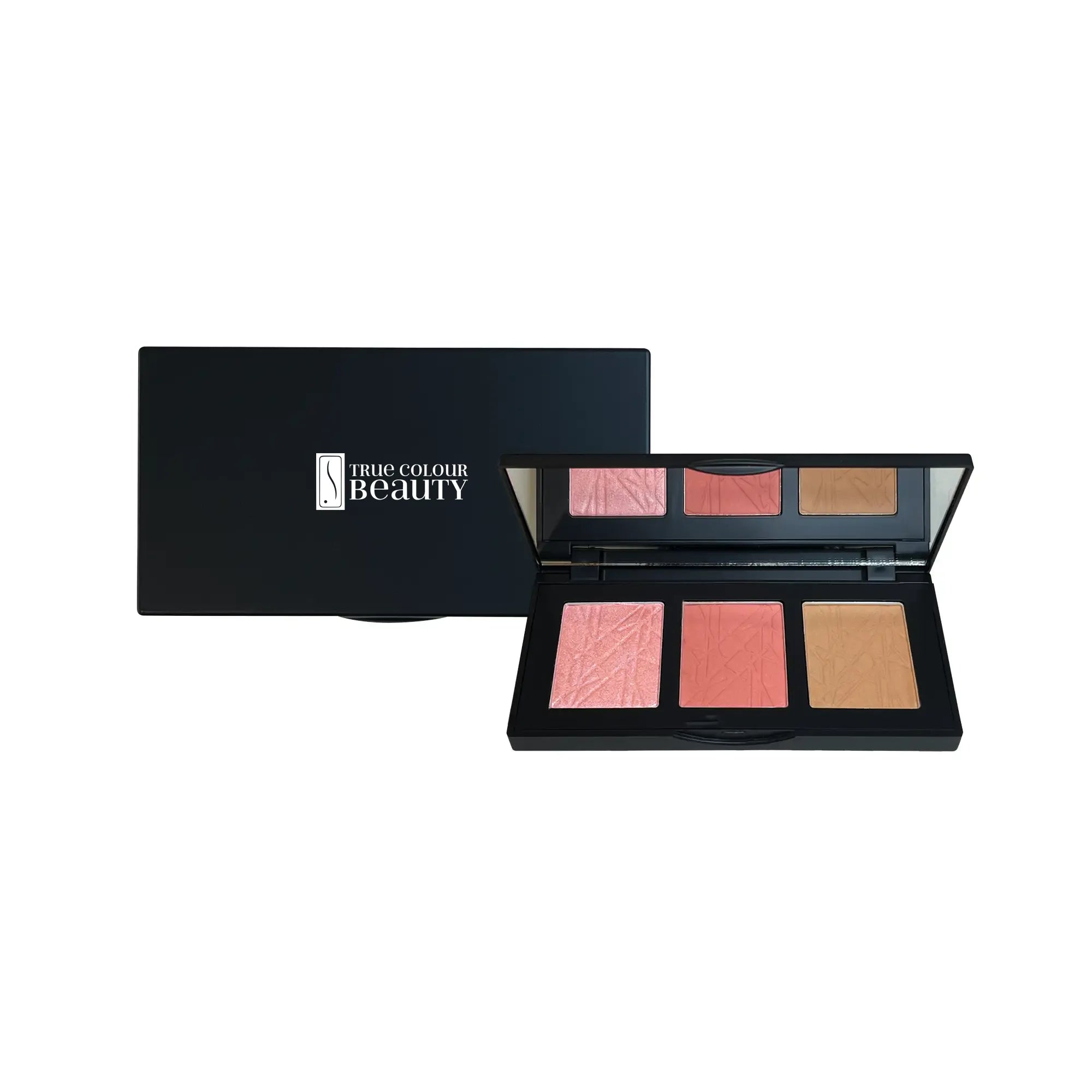 TCB Pro Cheek Palette - Cheeky, featuring three shades for sculpting and highlighting, displayed in a sleek makeup box, ideal for vibrant, cruelty-free beauty.