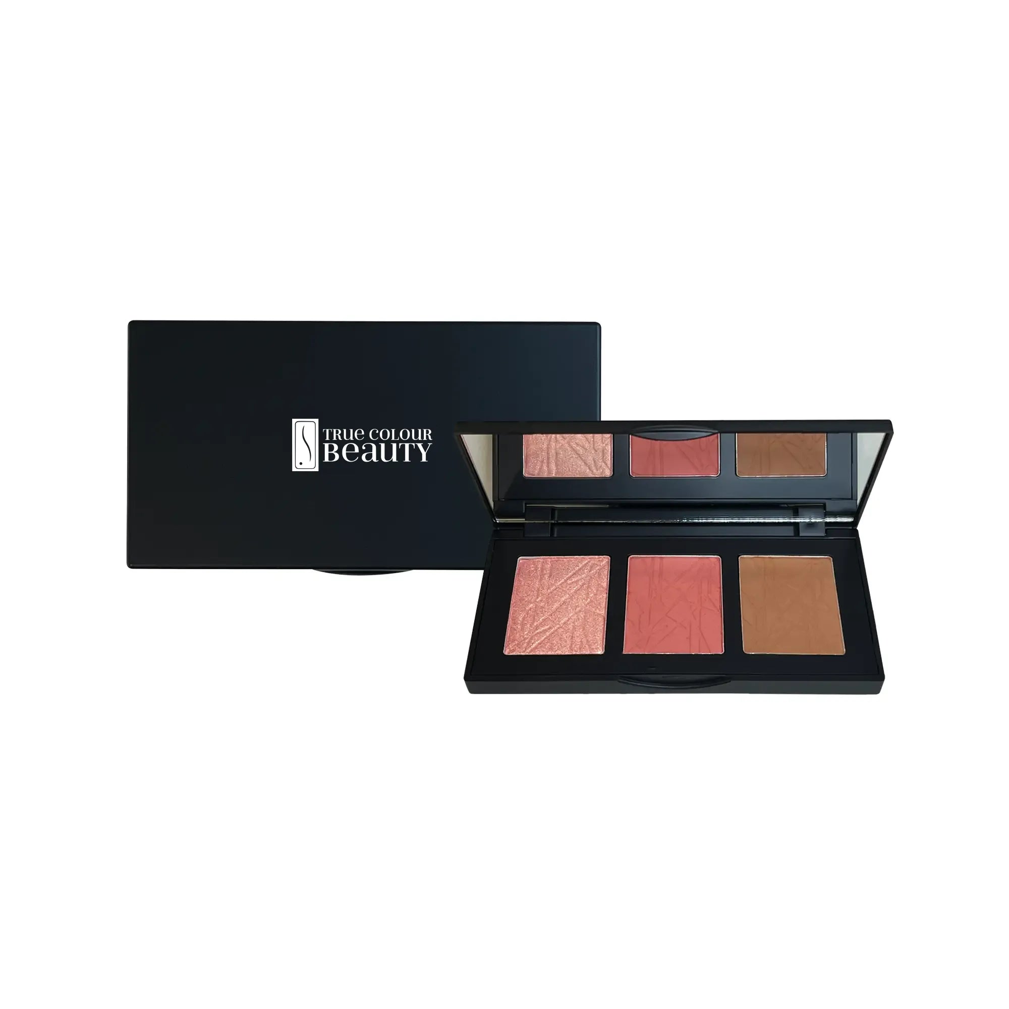 TCB Pro Cheek Palette - Curious, featuring a sleek makeup box with a 3-shade cheek palette for sculpting, blushing, and highlighting, offering a buildable, cruelty-free formula.