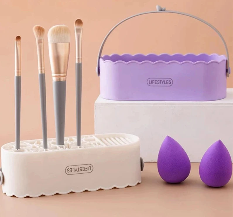 Silicone Makeup Brush Cleaner & Organizer with a holder, purple container, and built-in drying rack for efficient brush cleaning and storage.