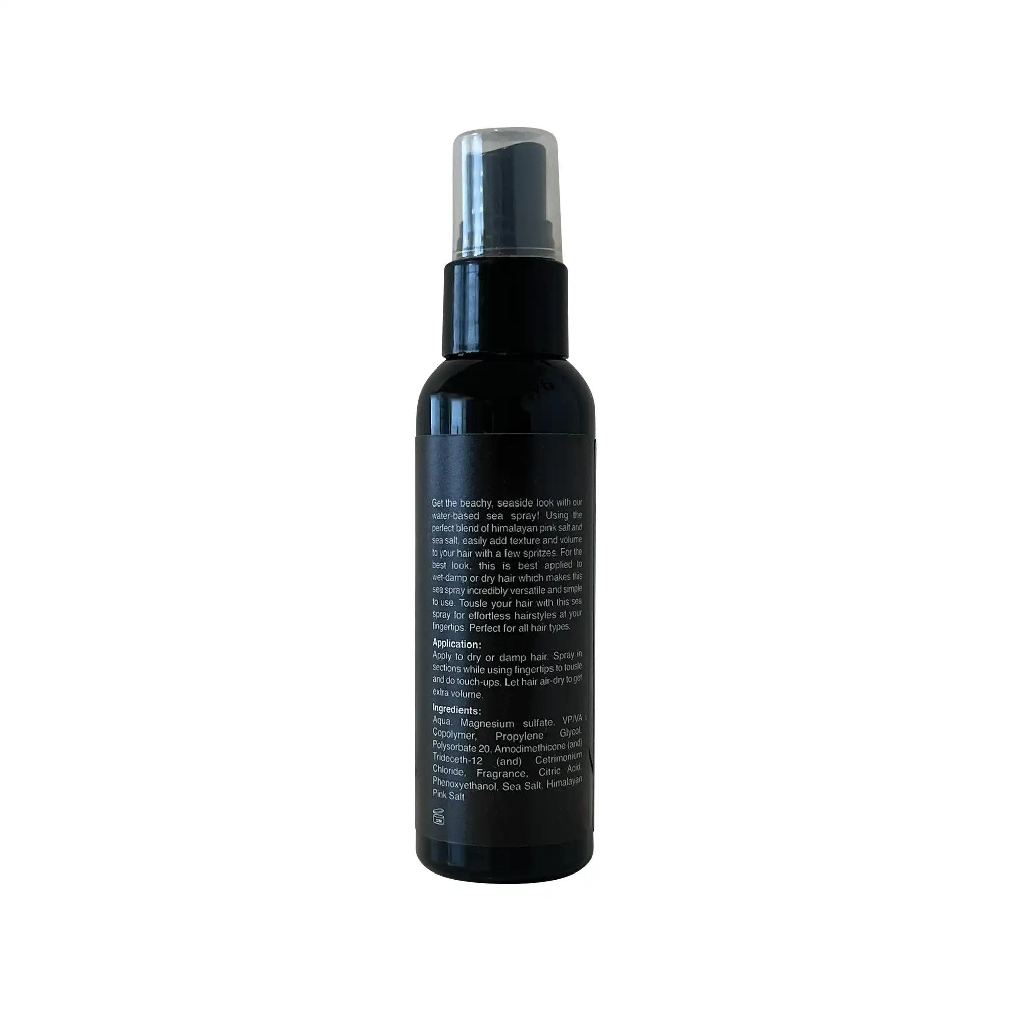 Ingredients display for TCB Water-Based Sea Spray, featuring natural sea salt and conditioning agents for textured, voluminous hair