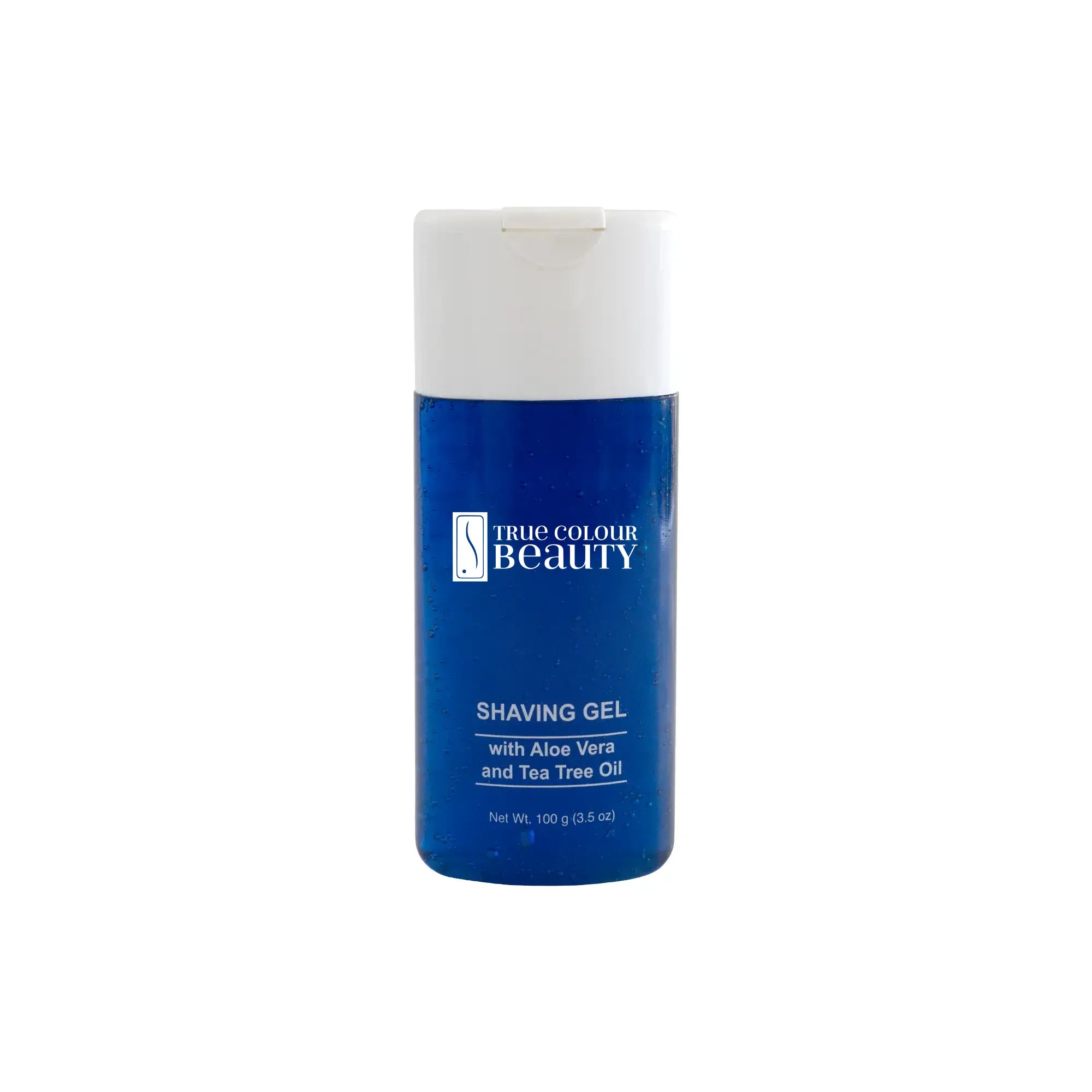 Shaving Gel in a blue bottle with white cap, featuring aloe and natural oils for a soothing, eco-friendly shave experience.