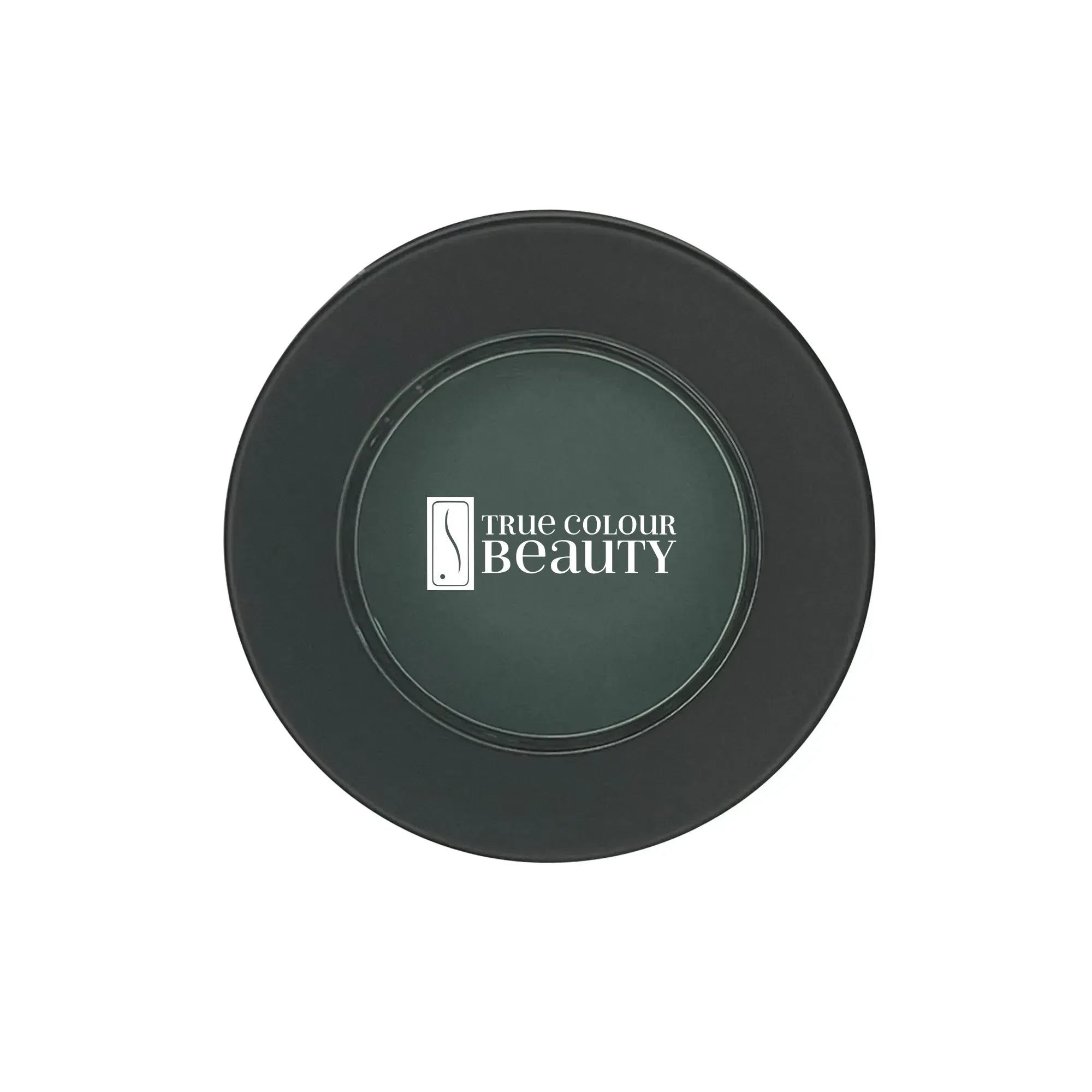 Single Pan Eyeshadow - Evergreen with a sleek black circular logo, showcasing True Colour Beauty's commitment to sustainable, cruelty-free makeup.