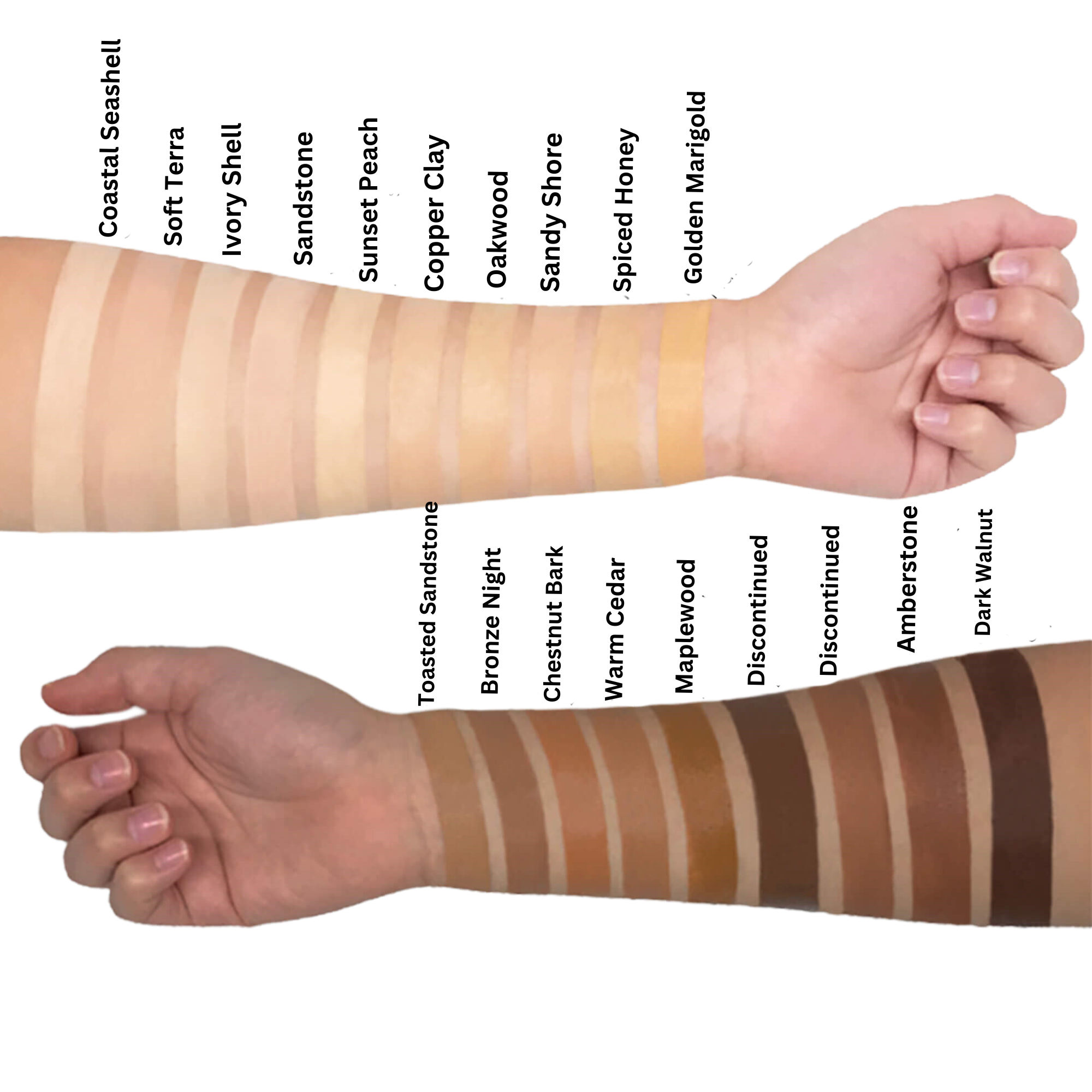 A person's arm showcasing the Earthbound Liquid Foundation - Sandstone in varying skin tone shades, highlighting its buildable coverage and natural finish.