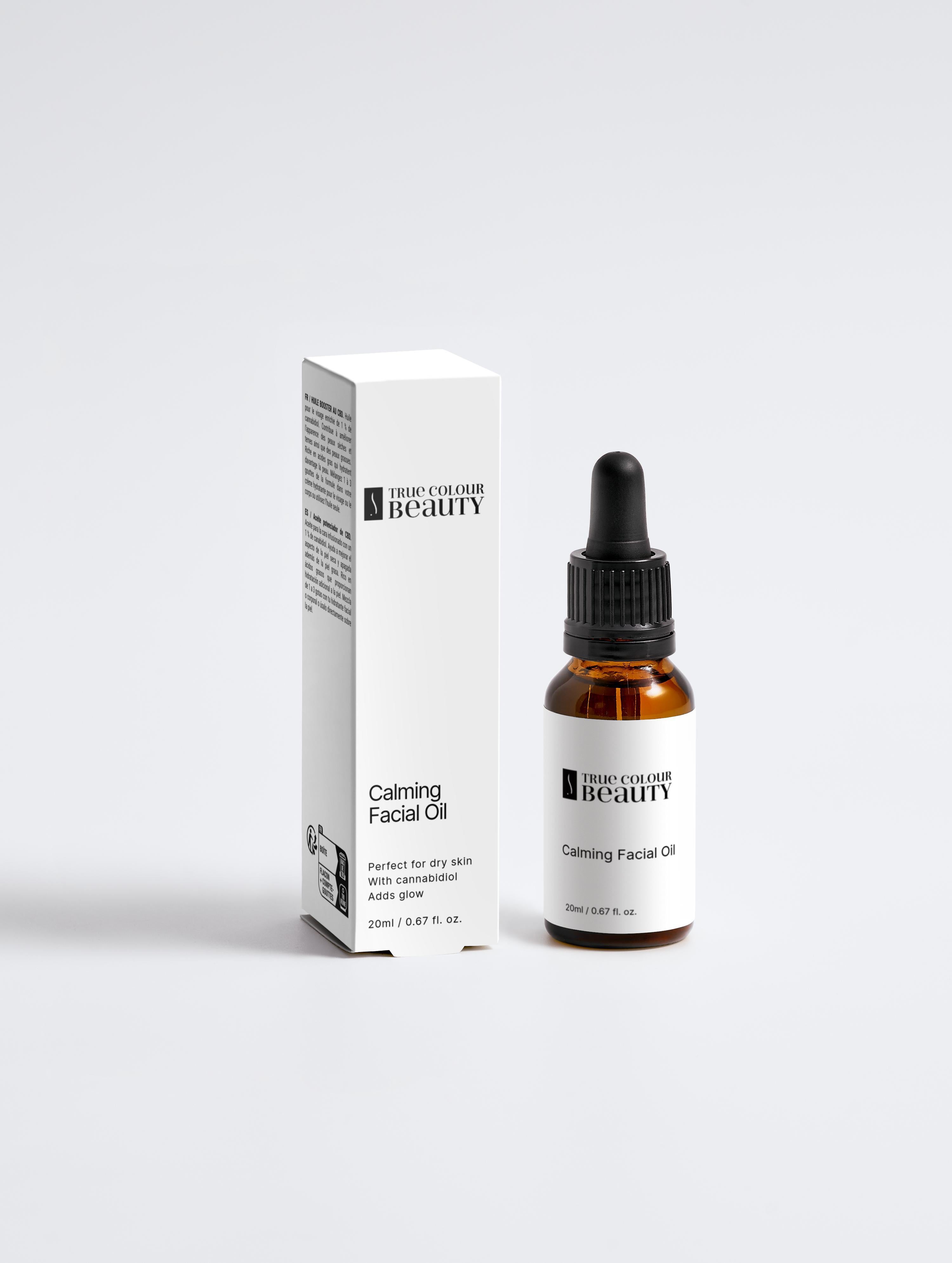 Calming Facial Oil 20ml, a brown bottle with a dropper next to its box, showcasing eco-conscious skincare with hemp-infused, organic ingredients.