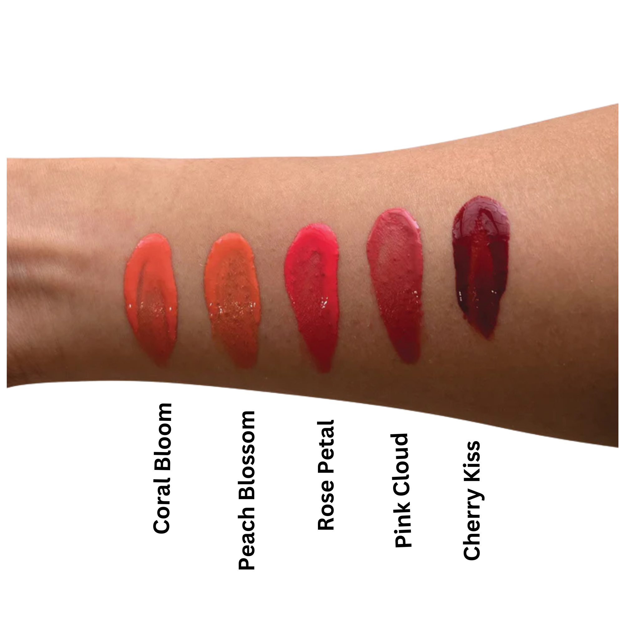 True Coulor Glitz & Glamor Set displayed on an arm, featuring lipstick swatches, highlighting the Lip Oil, Liquid Blush, and Liquid Shimmer for a radiant makeup look.