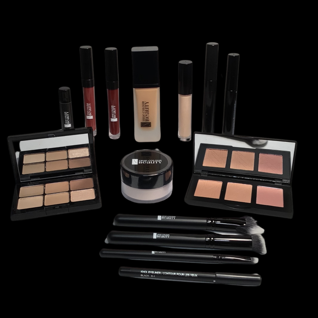 A curated makeup bundle featuring a variety of products, including lipsticks, eyeshadows, and blush, set against a black background.