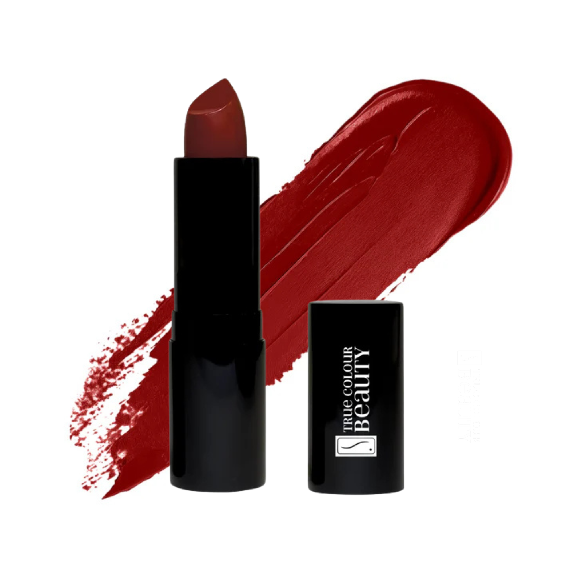 True luxury Lipstick in front of bright red color swatch