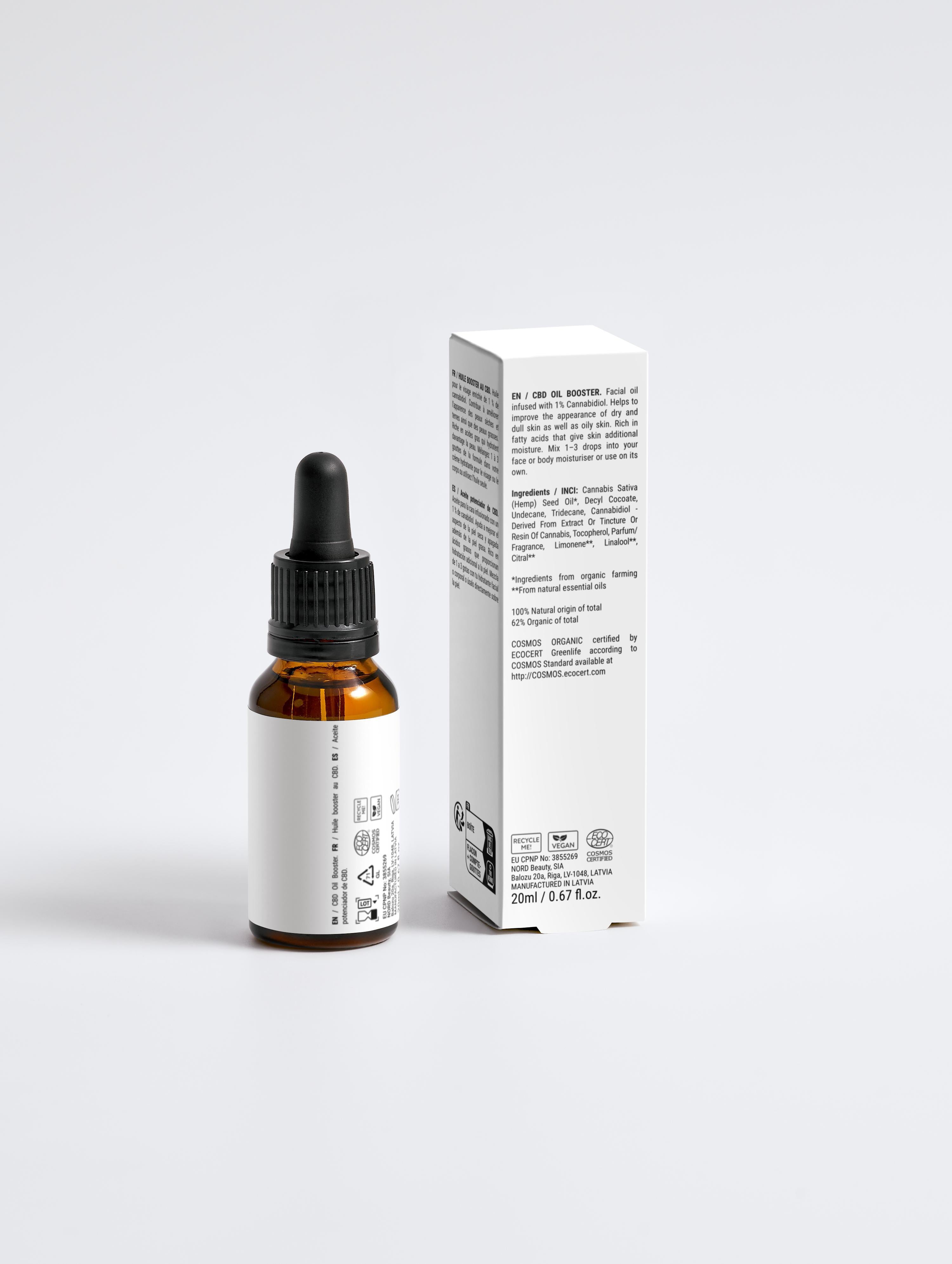 Calming Facial Oil 20ml in a brown bottle with a black dropper, accompanied by a white box featuring black text, embodies eco-conscious, soothing skincare.