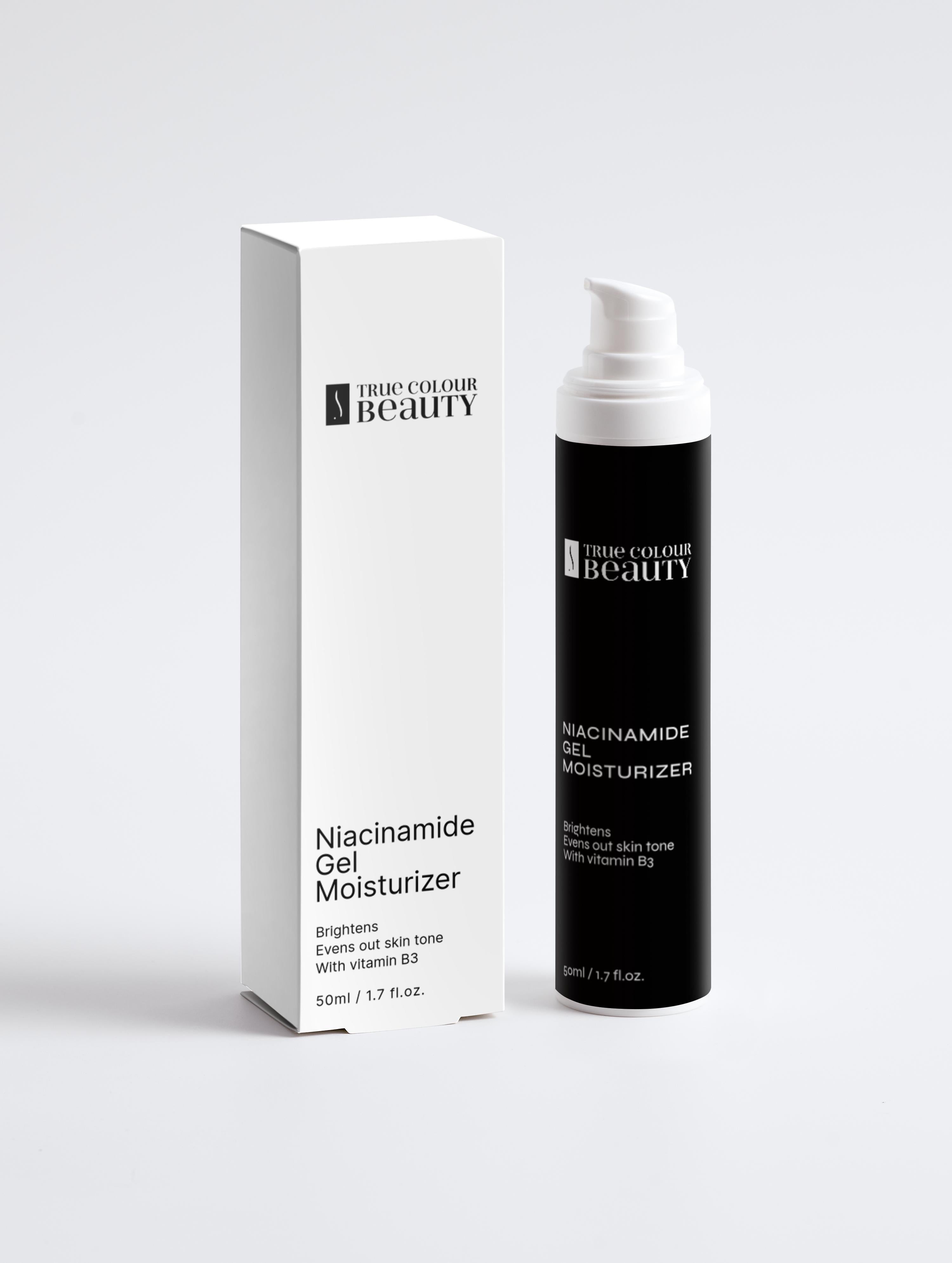 Niacinamide Gel Moisturizer in a sleek black and white container, perfect for hydrating and brightening skin, enriched with Vitamin B3 for a radiant complexion.