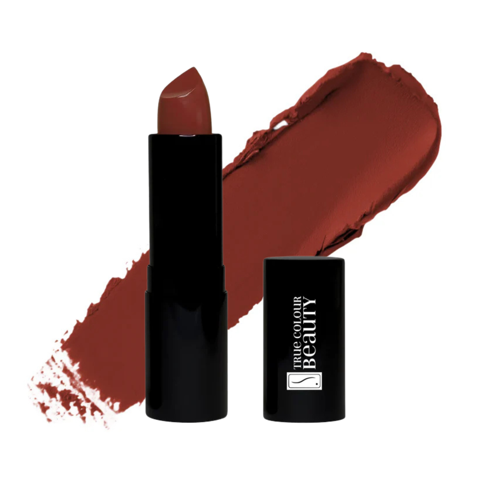 Scarlet Allure lipstick next to a bold red swatch, highlighting the lipstick's rich and vivid color