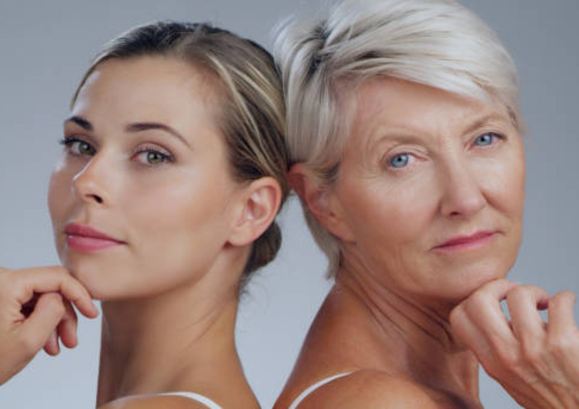 Vitamin C Skincare Bundle displayed with two women, highlighting natural beauty enhancements. The bundle includes lotion, toner, and cleanser for radiant, nourished skin.